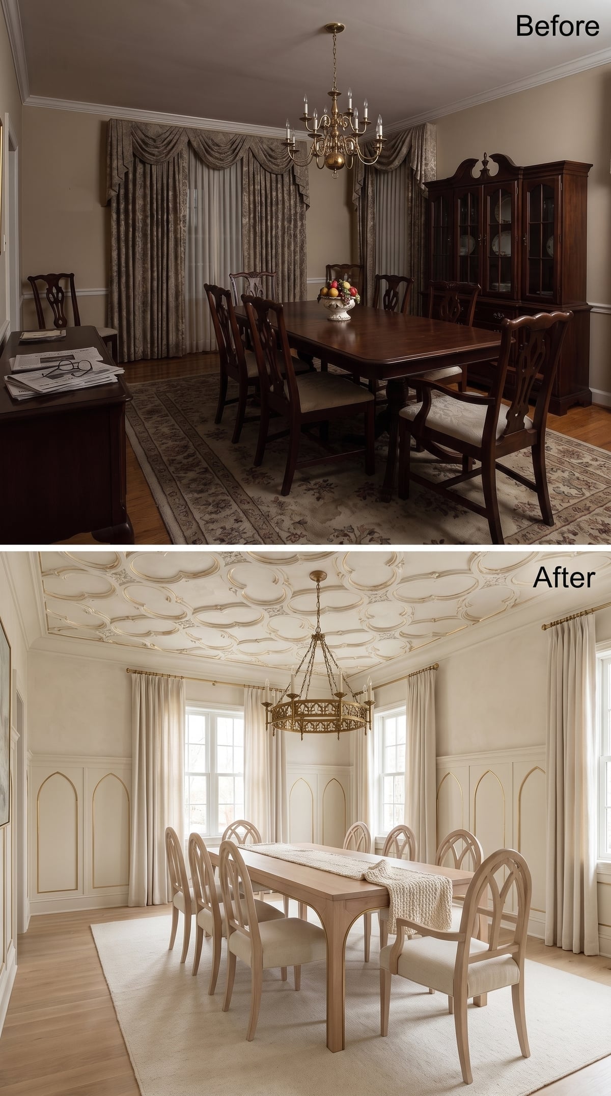 Gothic Arch Paneling, Ornamental Plaster Ceiling, and a Chandelier That Finally Fits