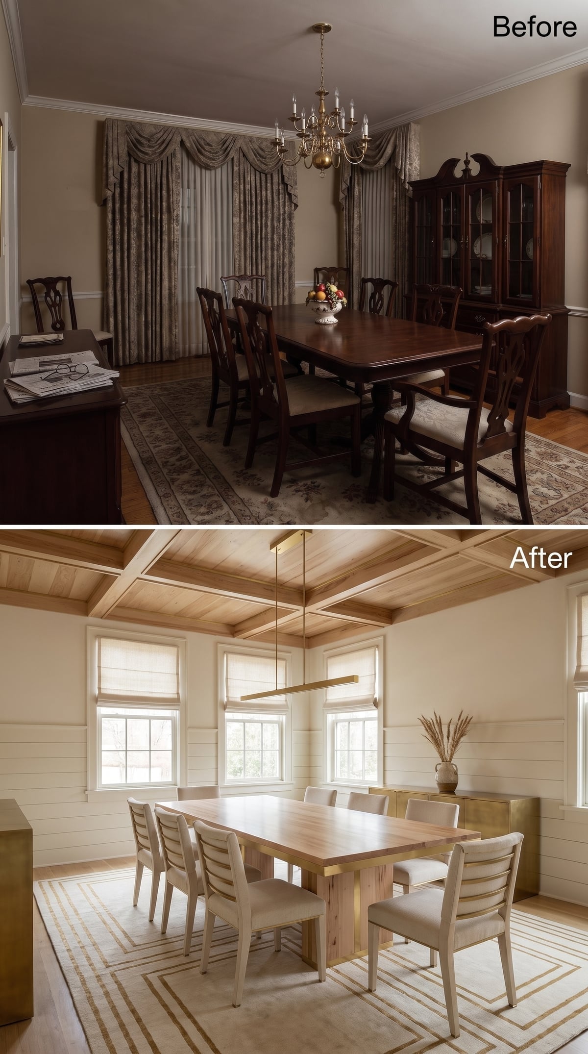Natural Wood Coffered Ceiling, Shiplap Walls, and Brass That Knows When to Stop