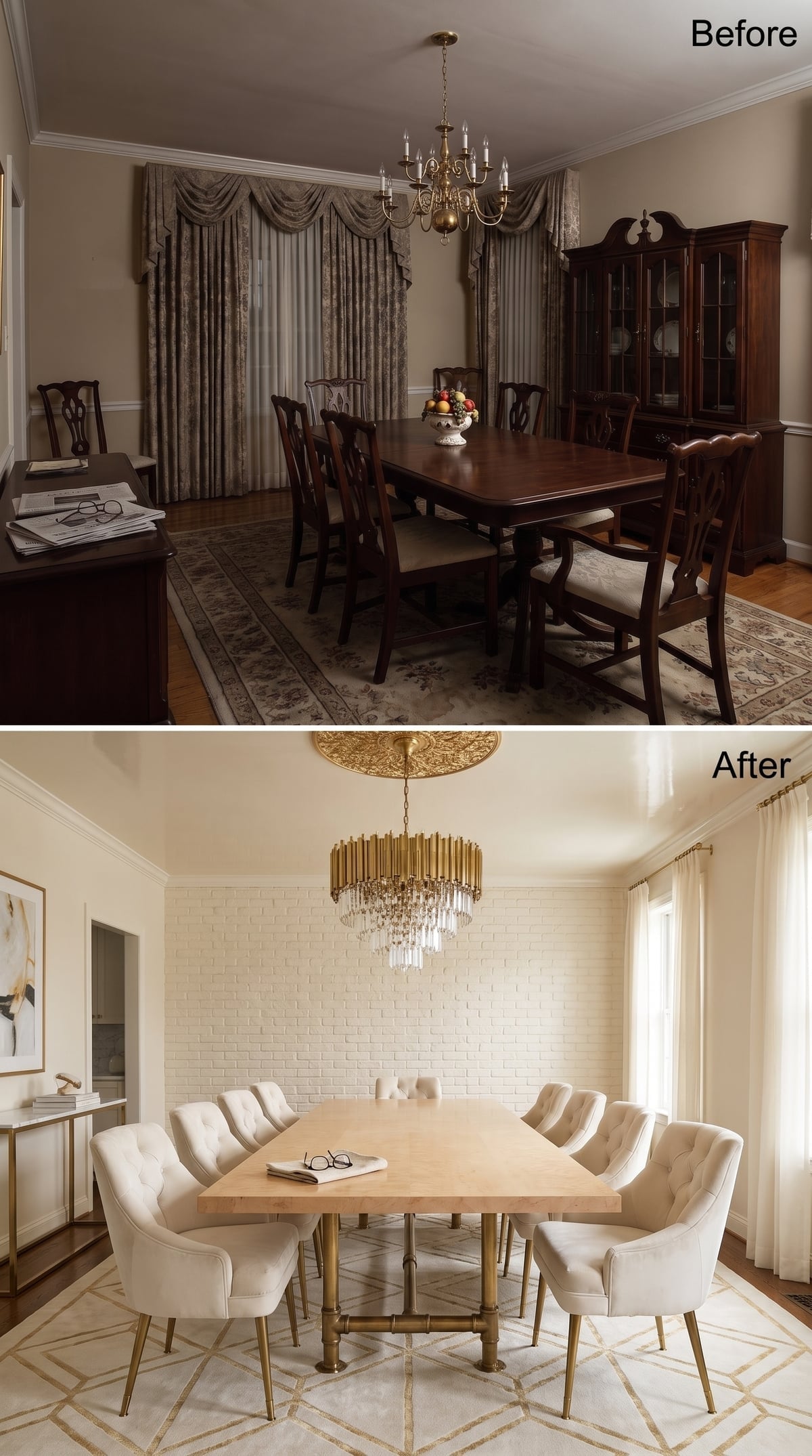 Painted Brick, a Crystal-and-Brass Chandelier, and Upholstery That Finally Pulls Its Weight