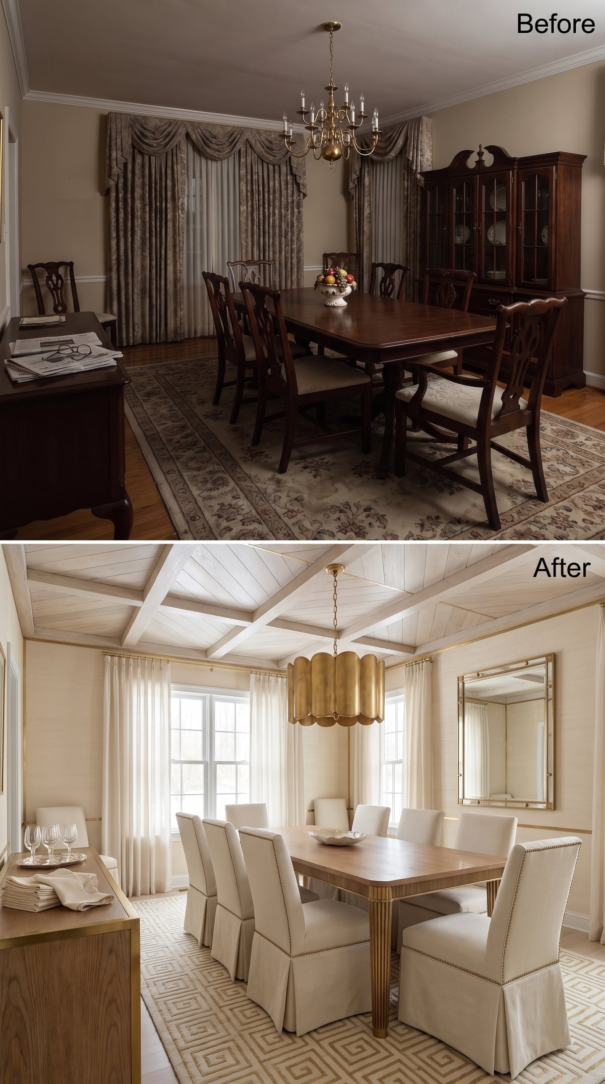 Scalloped Brass Pendant, Coffered Shiplap Ceiling, and Skirted Chairs That Mean Business