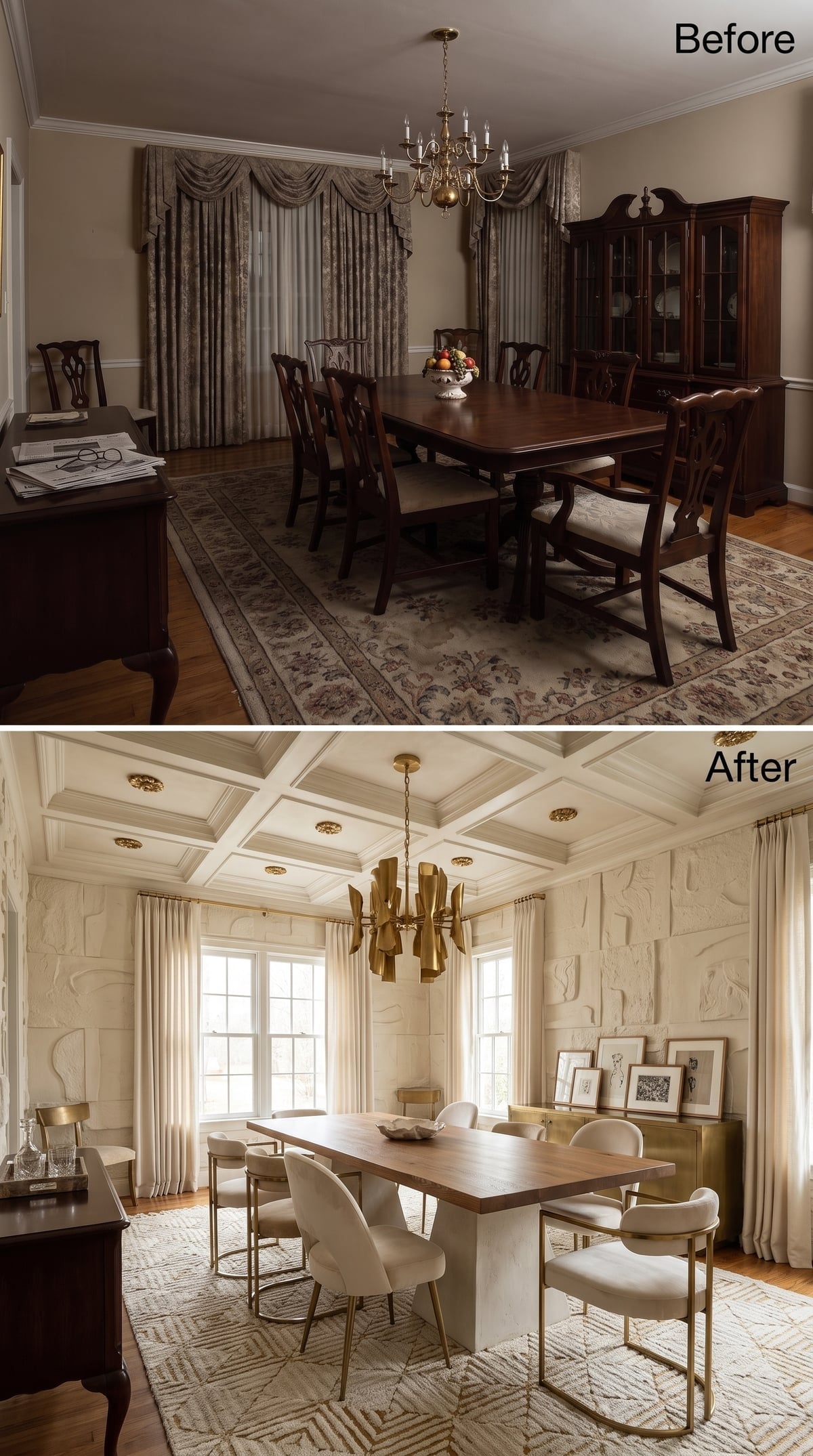Sculptural Plaster Walls, Coffered Ceiling, and Brass That Earns Every Inch