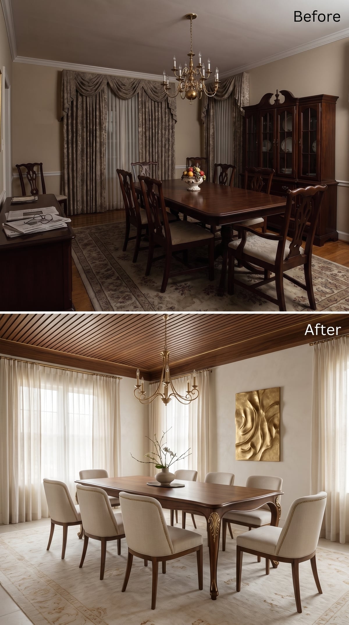Slatted Walnut Overhead, Cream Upholstery Below, and a Gold Wall Panel That Ties It Together