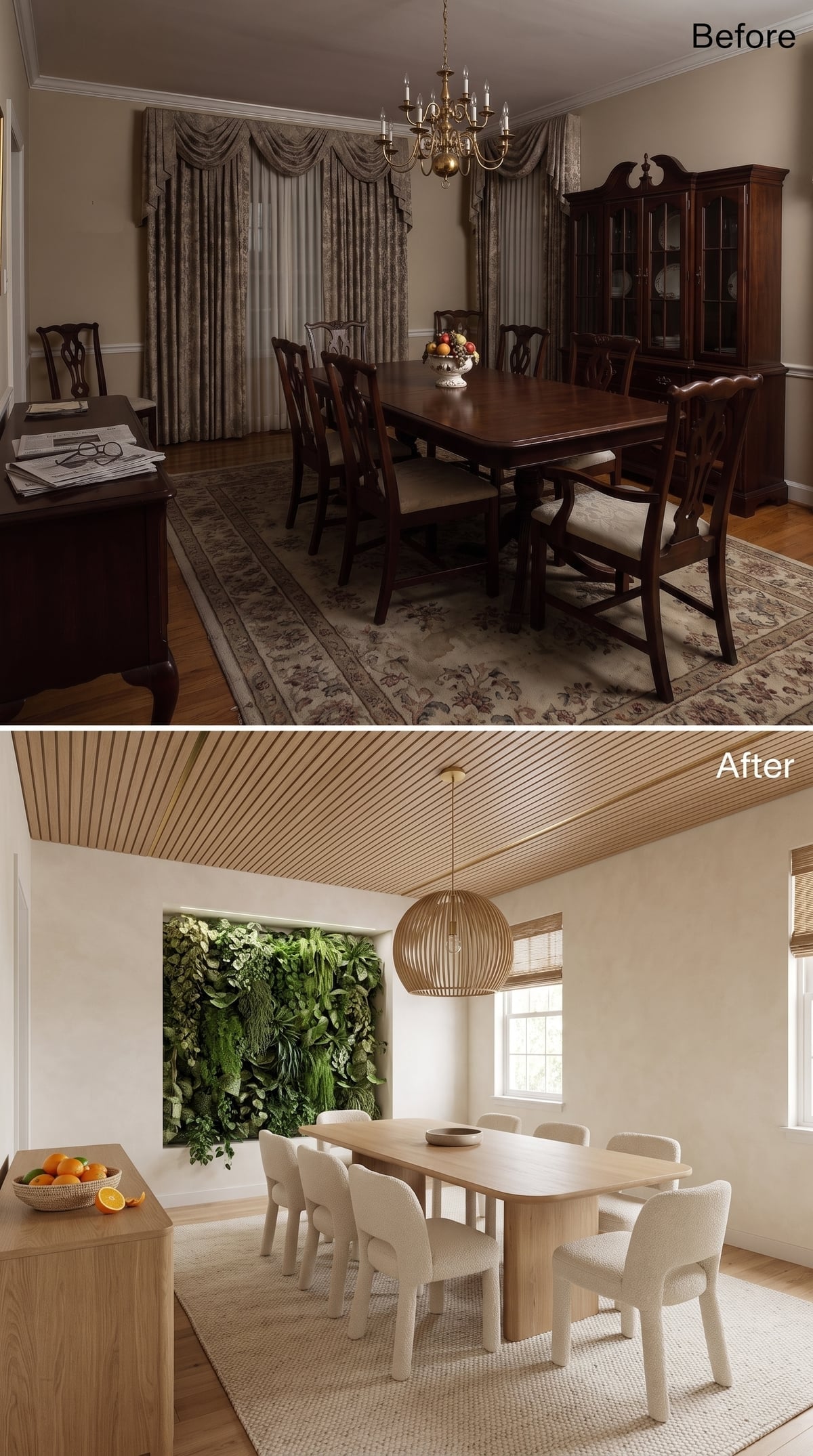 Slatted Wood Ceiling, Living Wall Inset, and Boucle Chairs That Earn the Lightness