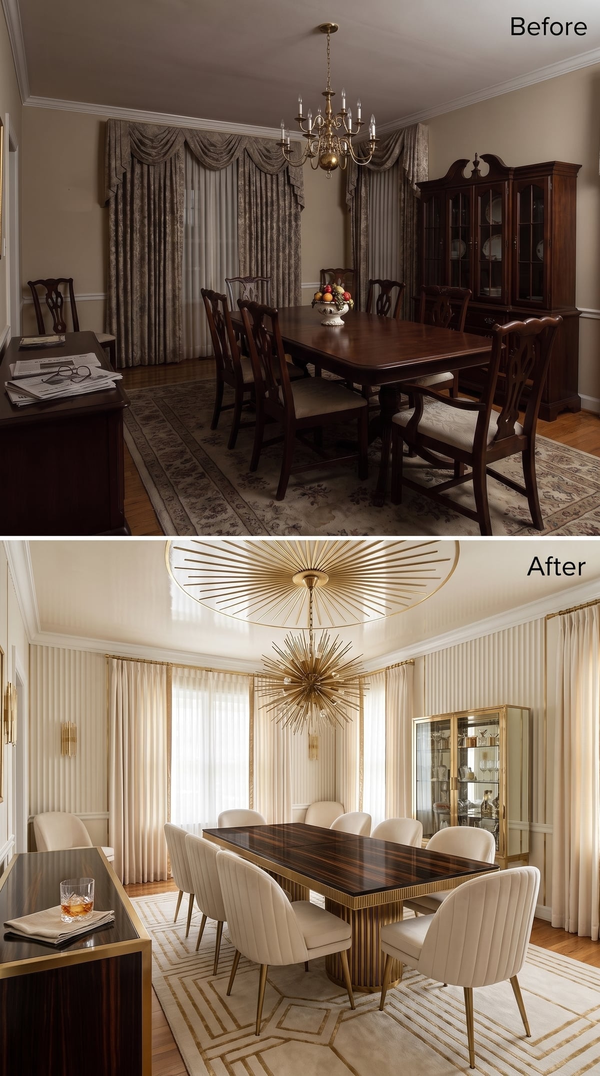 Sputnik Chandelier, Sunburst Ceiling Medallion, and Chairs That Finally Belong in the Room