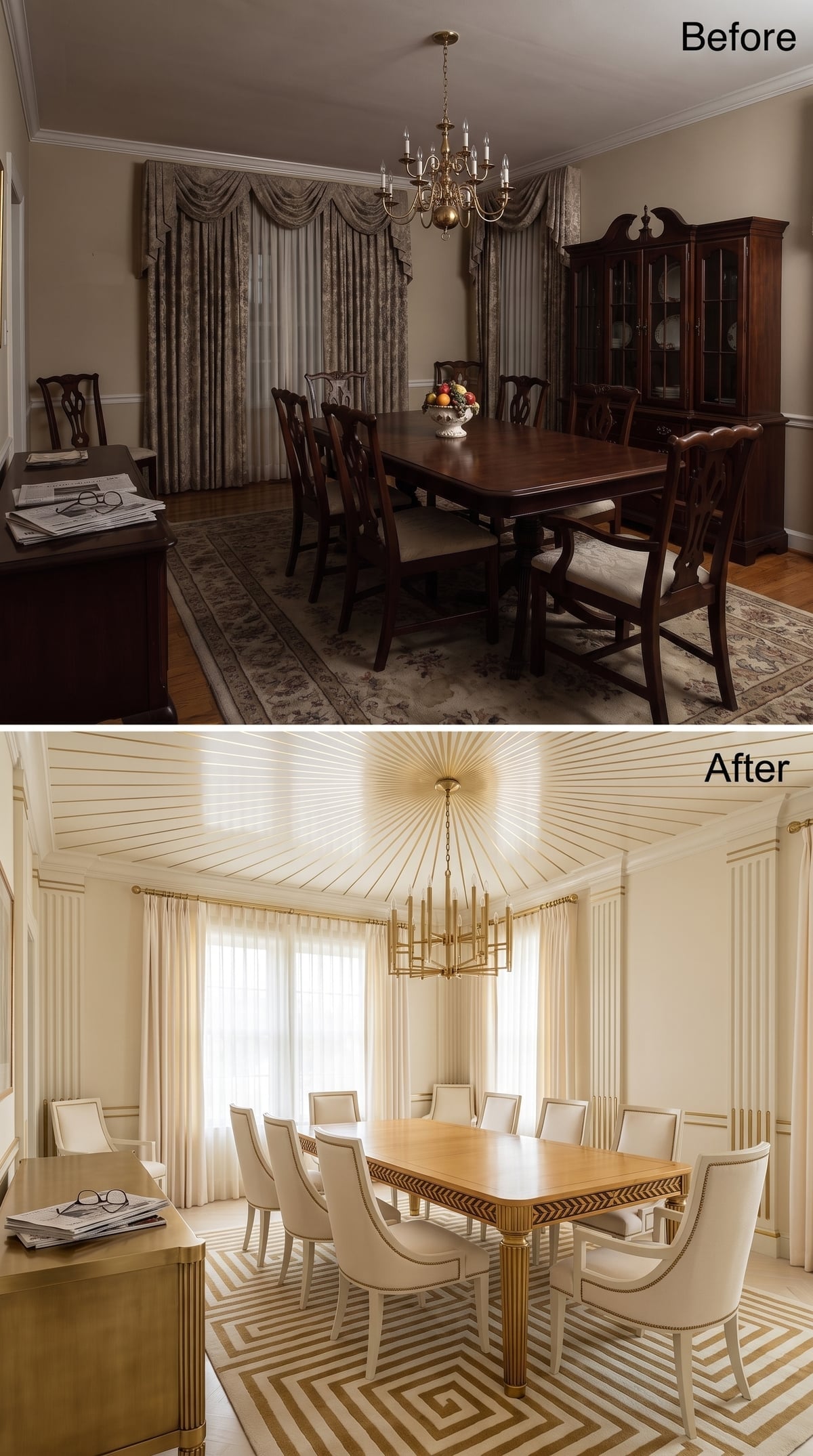Sunburst Ceiling, Chevron Table Base, and Cream Upholstery That Finally Feels Right