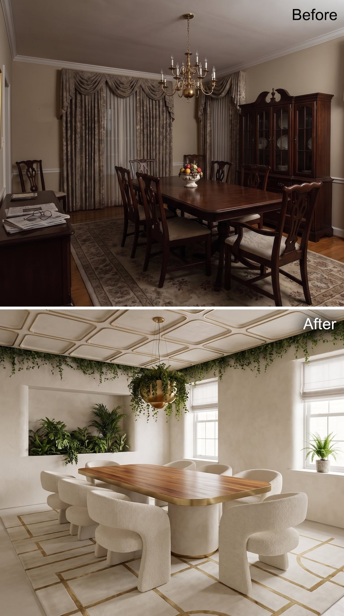 Trailing Ivy, a Gold Pendant, and Ceiling Molding That Took the Room Somewhere New