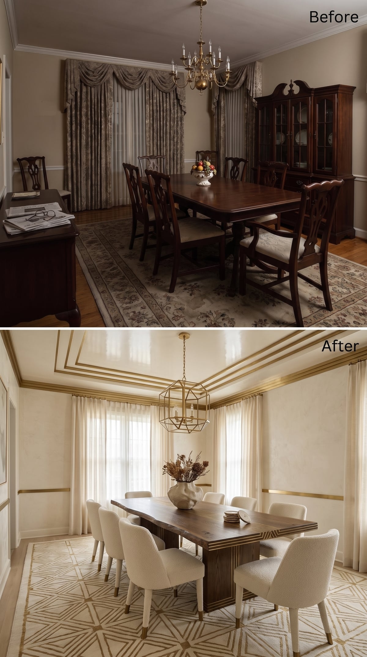 Tray Ceiling with Gold Banding, Geometric Rug, and Boucle Chairs That Hold the Room Together