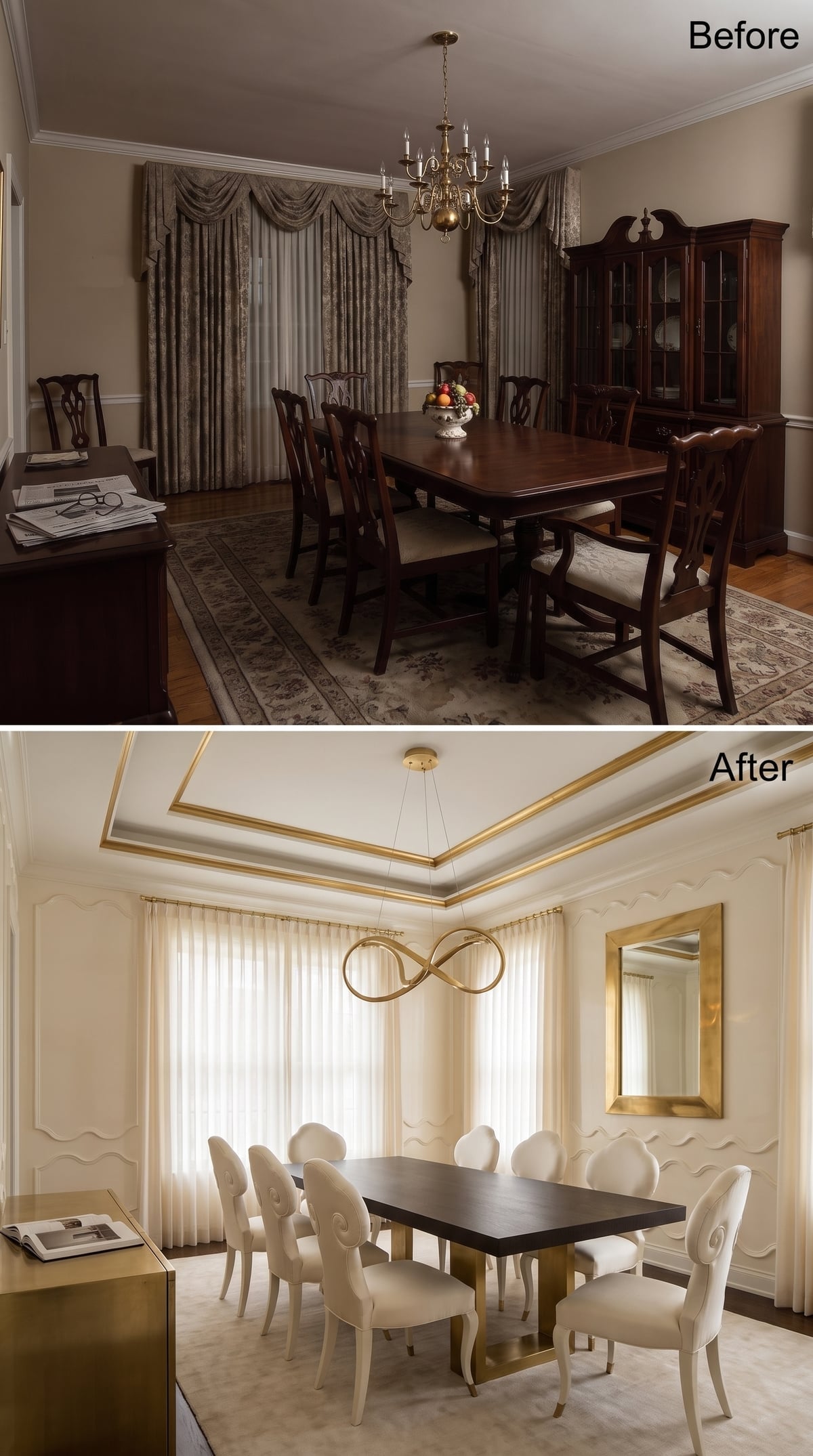 Tray Ceiling with Gold Trim, Infinity Pendant, and Chairs That Refuse to Be Ignored