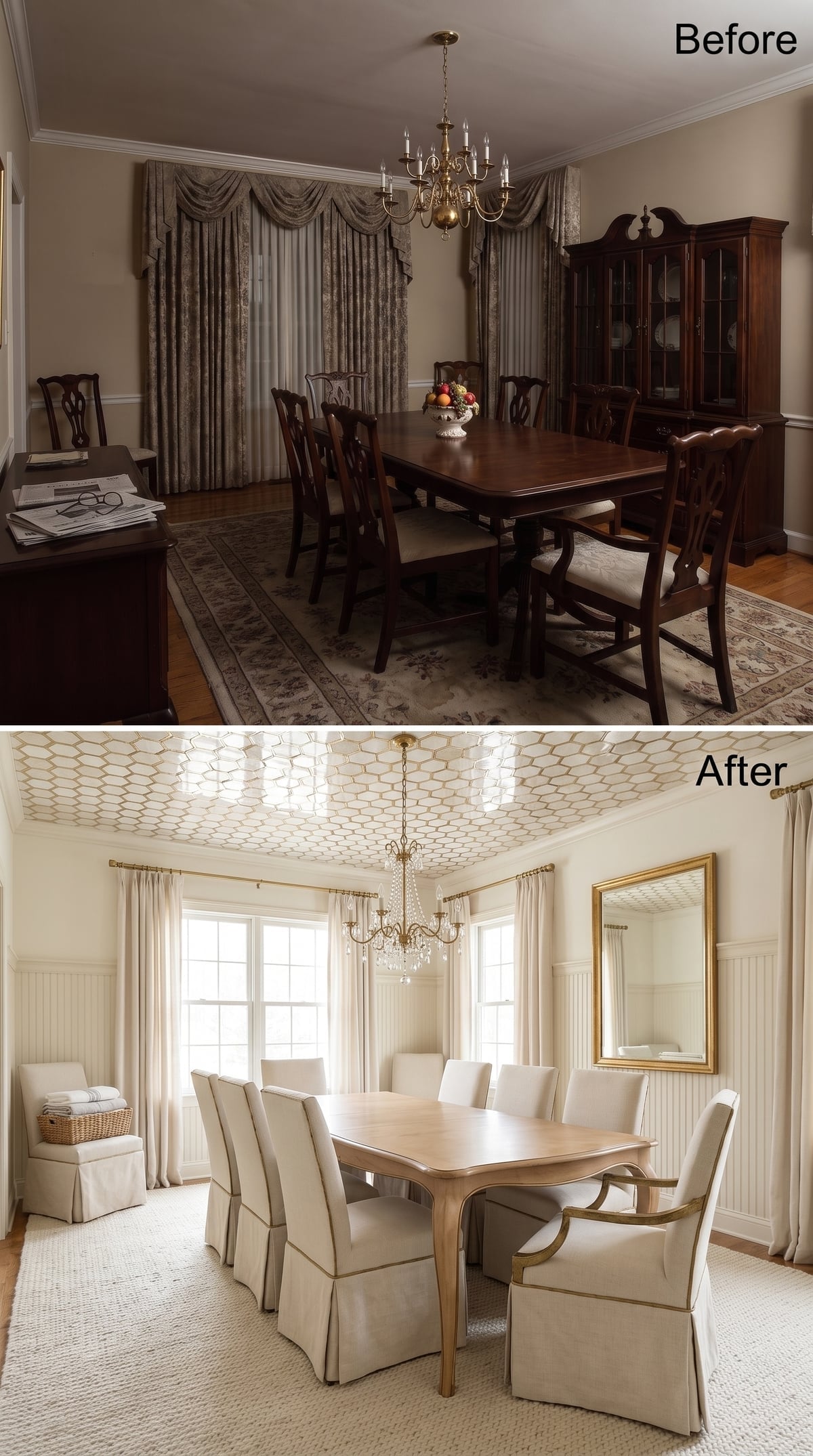 Wallpapered Ceiling, Crystal Chandelier, and Skirted Chairs That Actually Commit