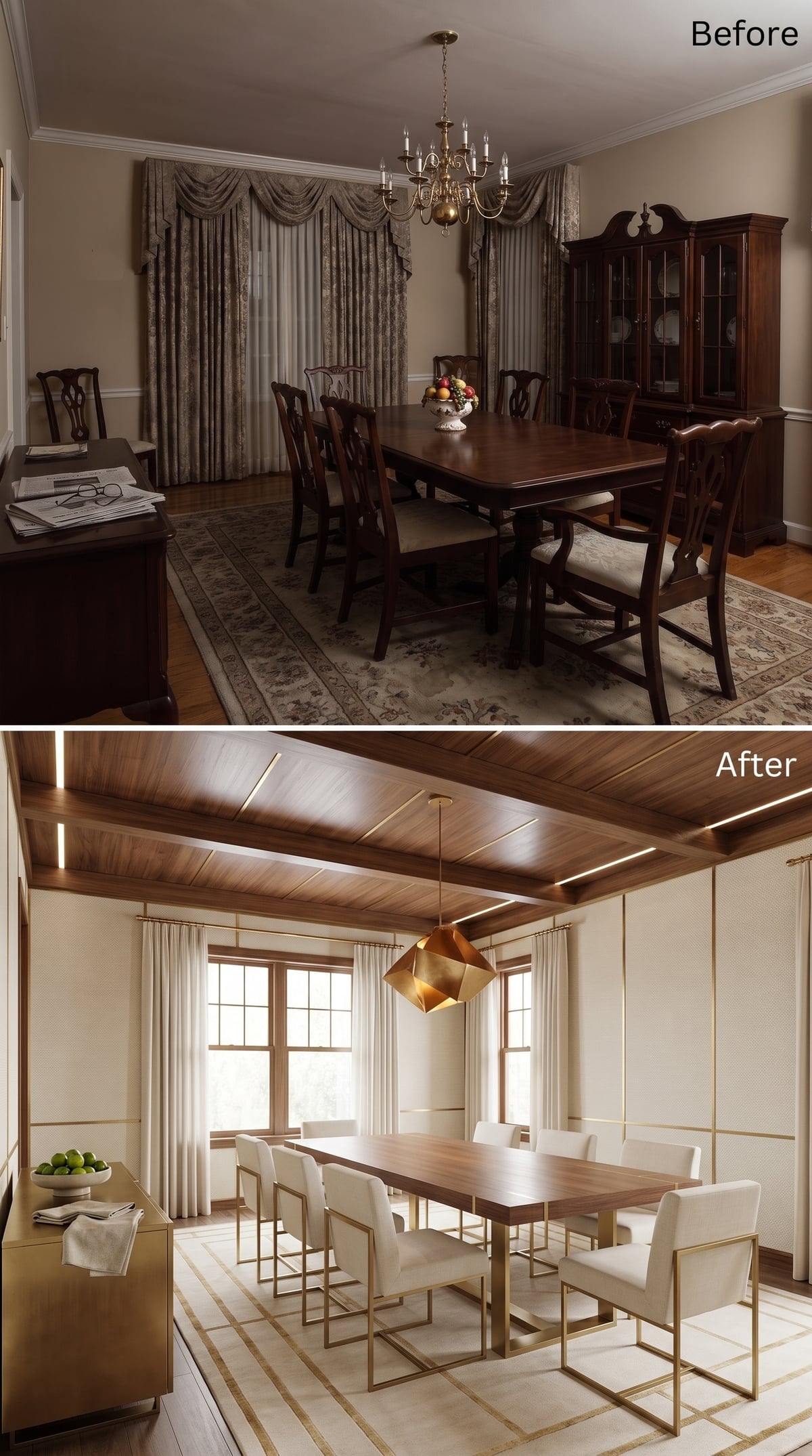 Walnut Ceiling Planks and Brass Legs Rewrote the Rules of This Dining Room
