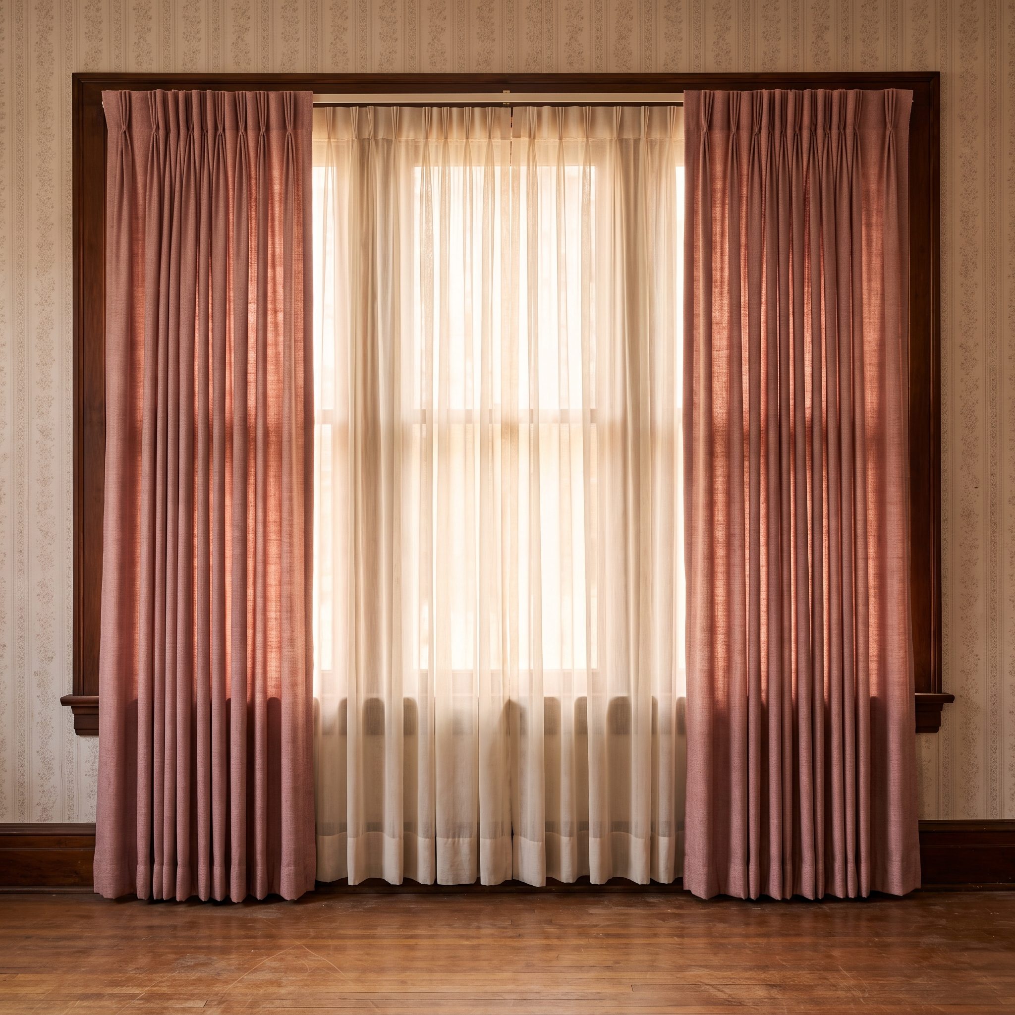 The Heavy Drapes and Sheers Layered at the Windows, Around $80 Per Window