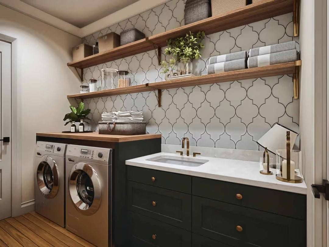 Dark Green Cabinetry and Arabesque Tile Make This Laundry Room Hard to Rush Through