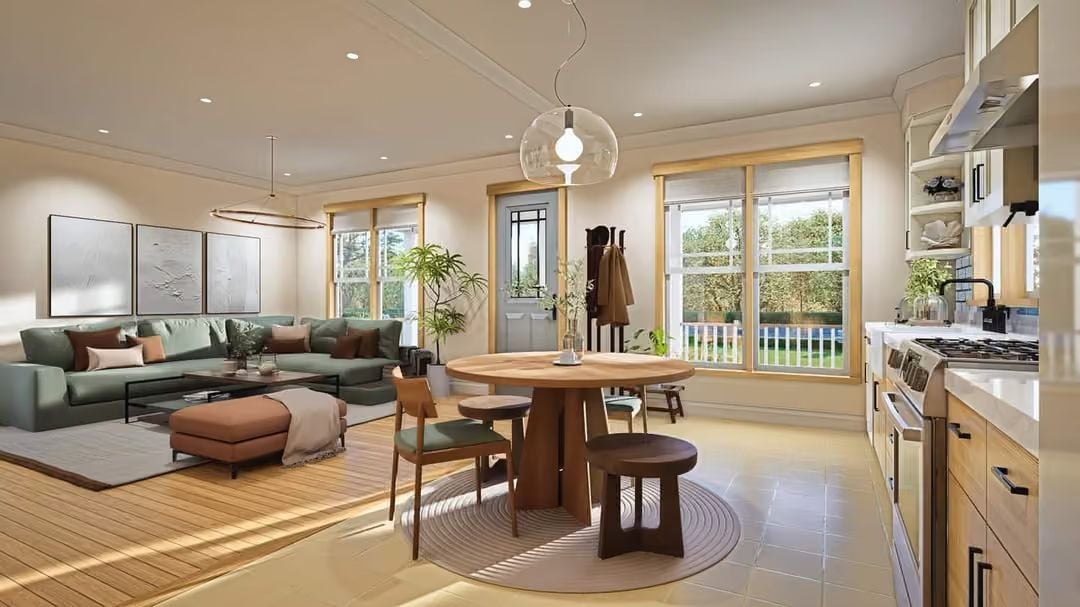 Round Dining Table and Globe Pendant Pull the Open Plan Together