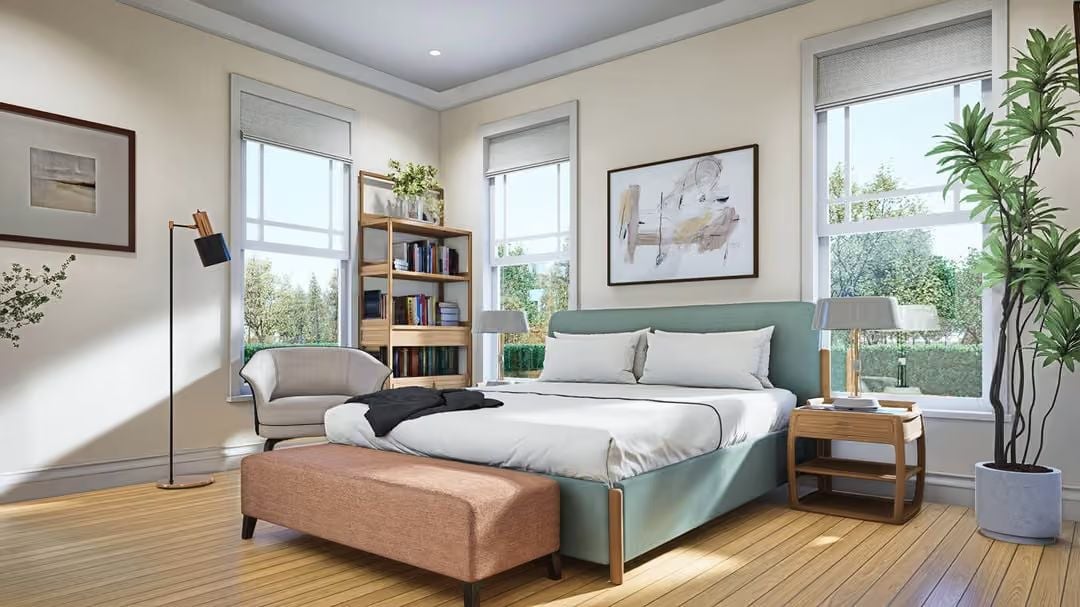 Sage-Green Bed Frame and a Bench at the Foot Say "Stay Awhile"