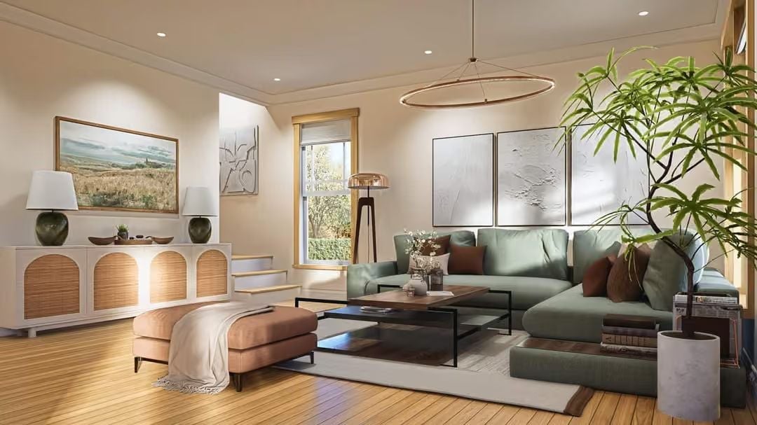 Sage Green Sectional and Warm Wood Tones Make This Living Room Worth Staying In