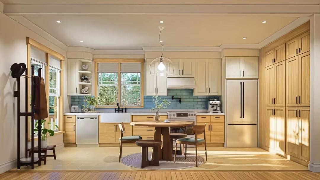 Warm Wood Cabinets and Blue Tile Create a Kitchen Worth Cooking In
