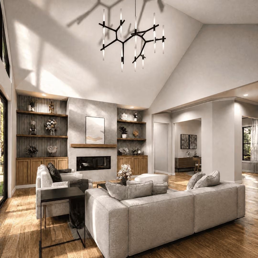 Branch-Form Chandelier Casts Tree Shadows Across a Vaulted Ceiling