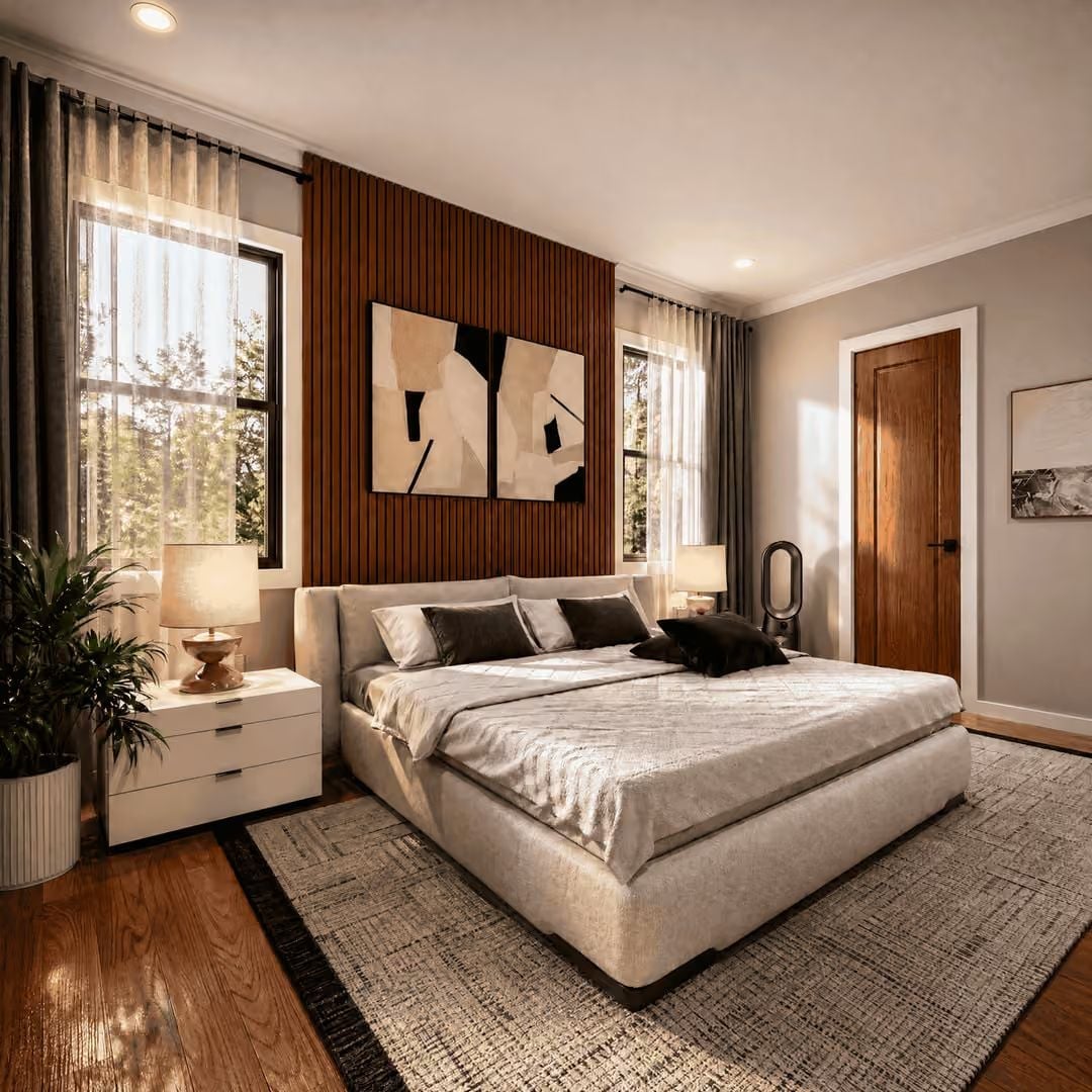 Slatted Wood Accent Wall Earns Its Place Behind the Bed