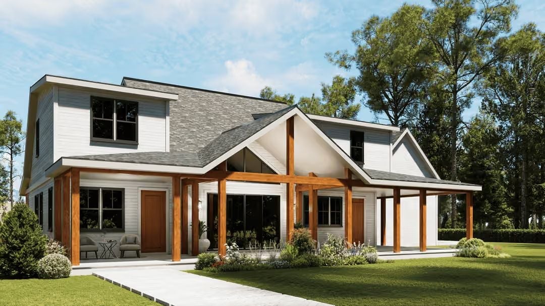 Warm Wood Posts Anchor This Modern Farmhouse Without Stealing the Show