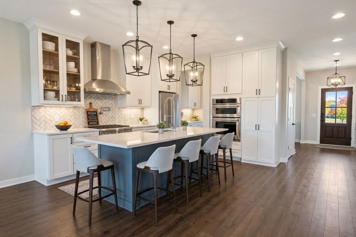 Blue Island, White Cabinets, and Five Bar Stools Ready for a Crowd