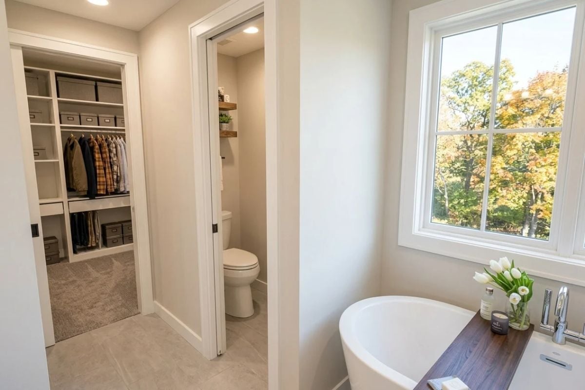 Soaking Tub by the Window, Walk-In Closet Next Door, and a Toilet Room That Locks