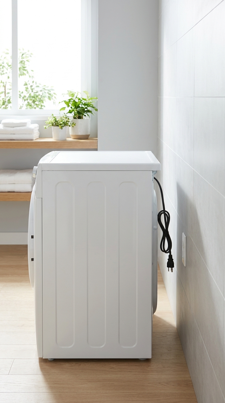 White laundry room where the only wall outlet sits behind the installed dryer with no accessible power on the exposed wall.