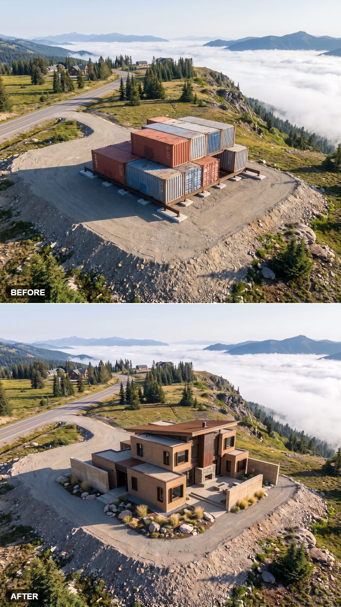 Mountain container home concept with low desert-modern lines and warm neutral finishes