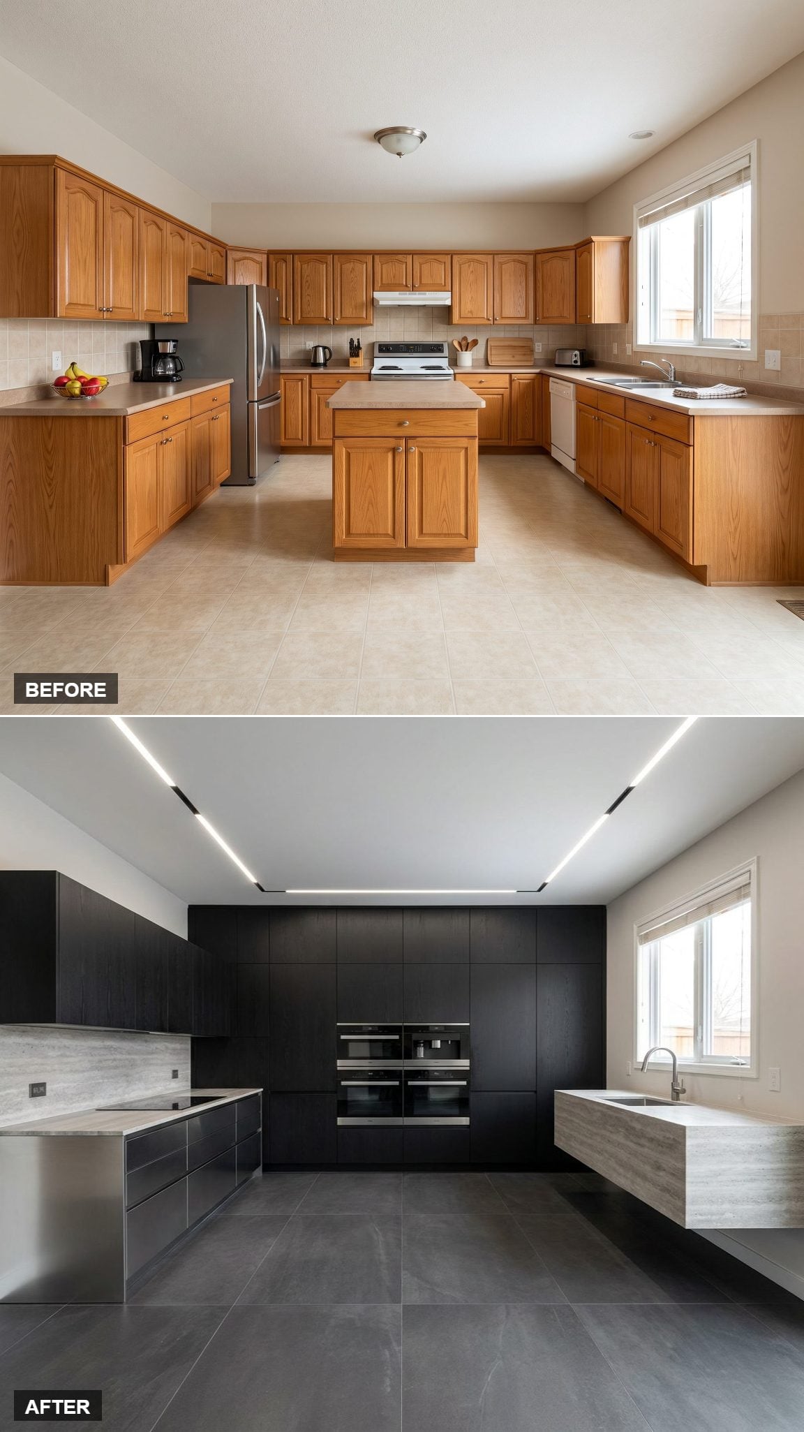 High-Fashion Monochrome Kitchen with a Seamless Black Oak Appliance Wall and Silver Travertine