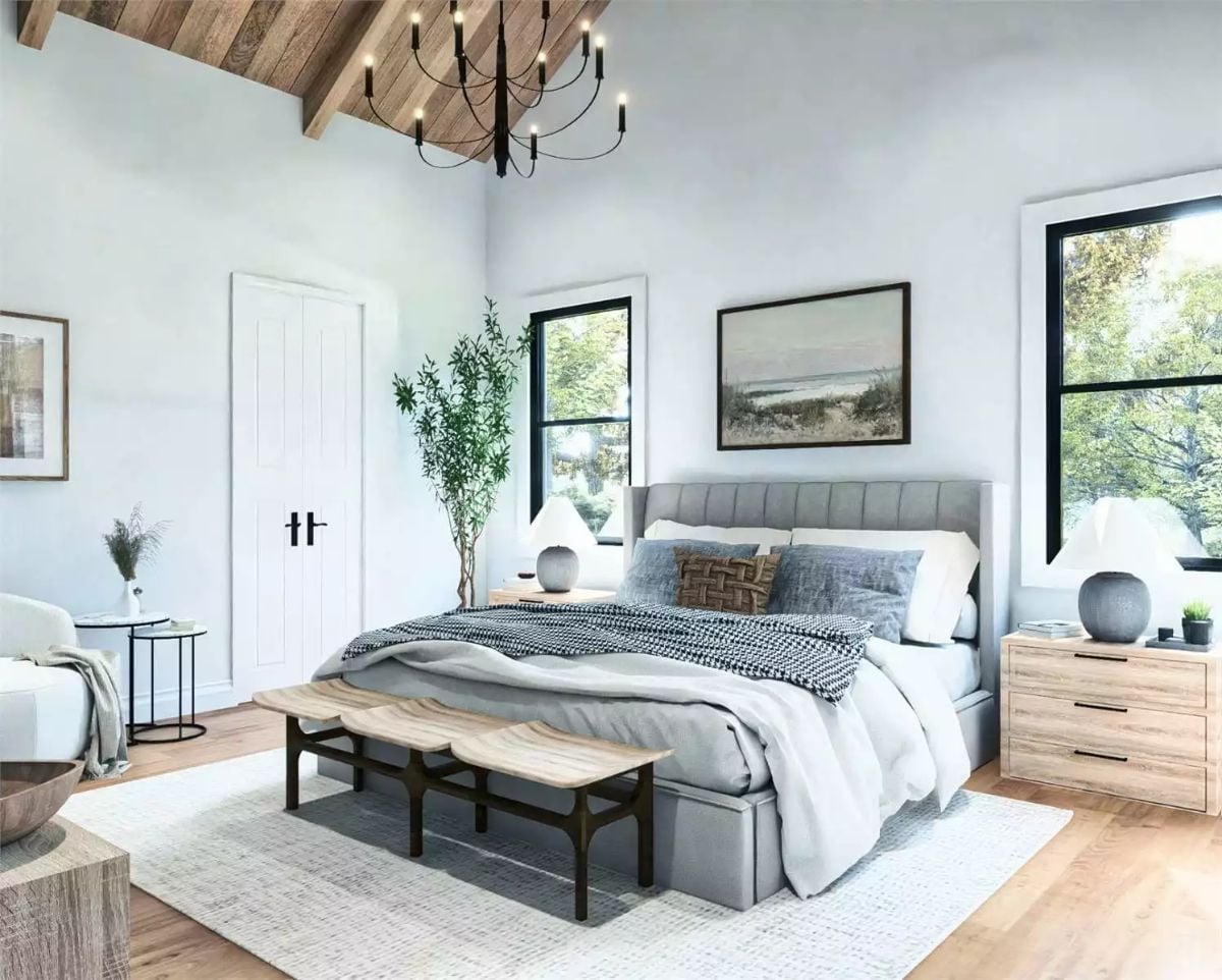 Channeled Linen Headboard and Barn-Beam Ceiling Found Each Other and Nobody's Mad About It