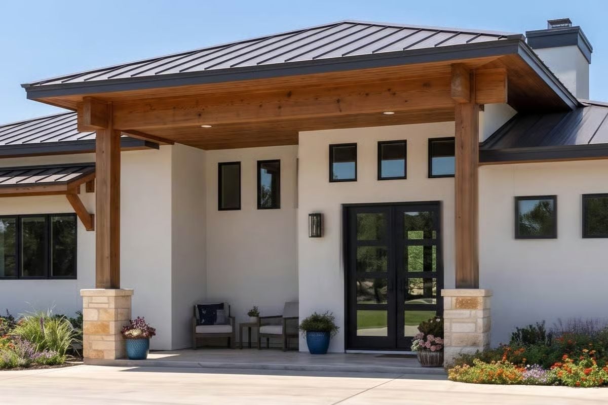 Cedar Beams, Stone Bases, and a Front Door That Means Business