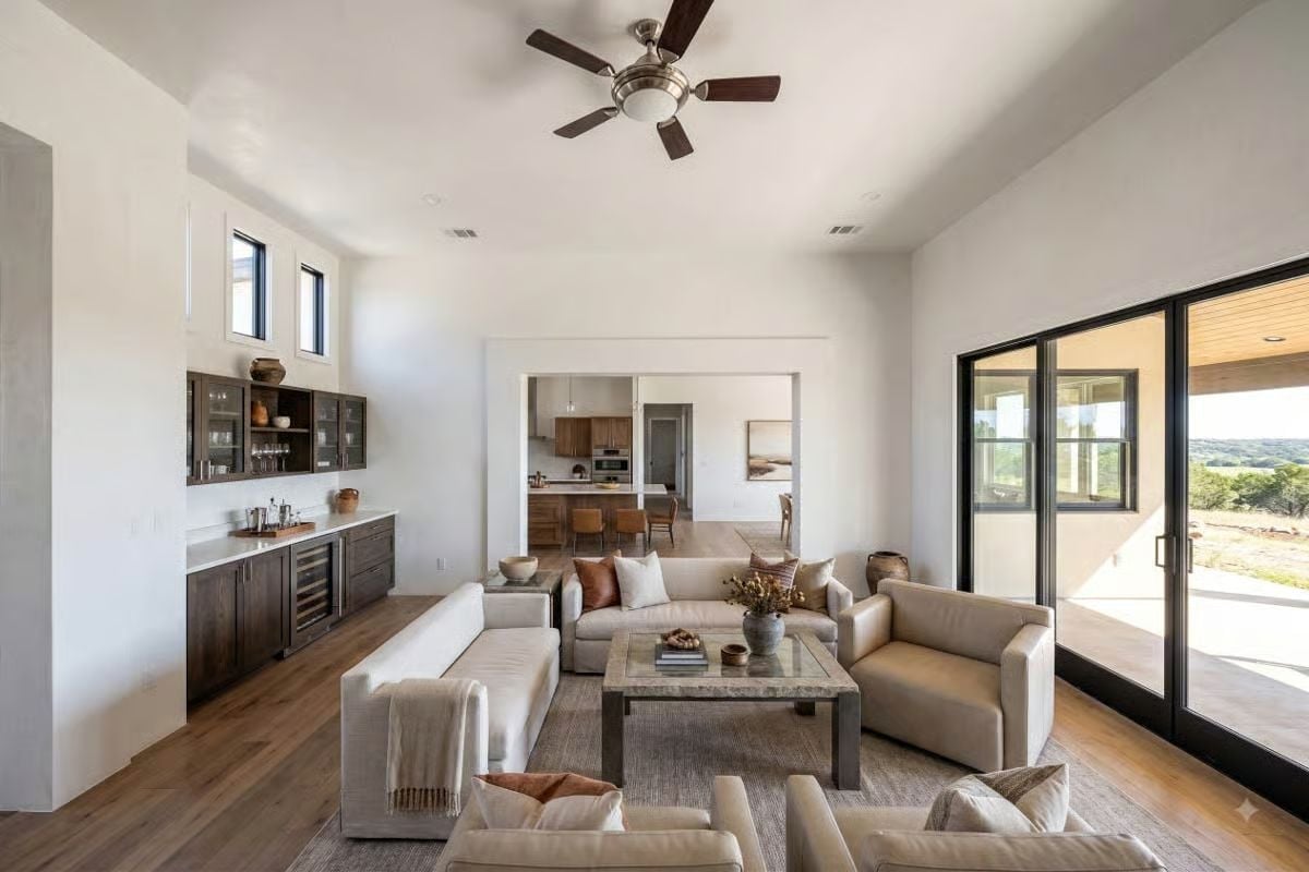 Cream Sectional, Stone Coffee Table, and a Wet Bar That Earns Its Square Footage