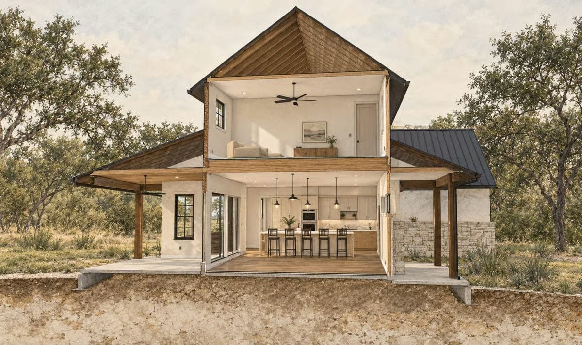 Cross-Section Rendering Shows How the Kitchen Island and Loft Connect Across Two Floors