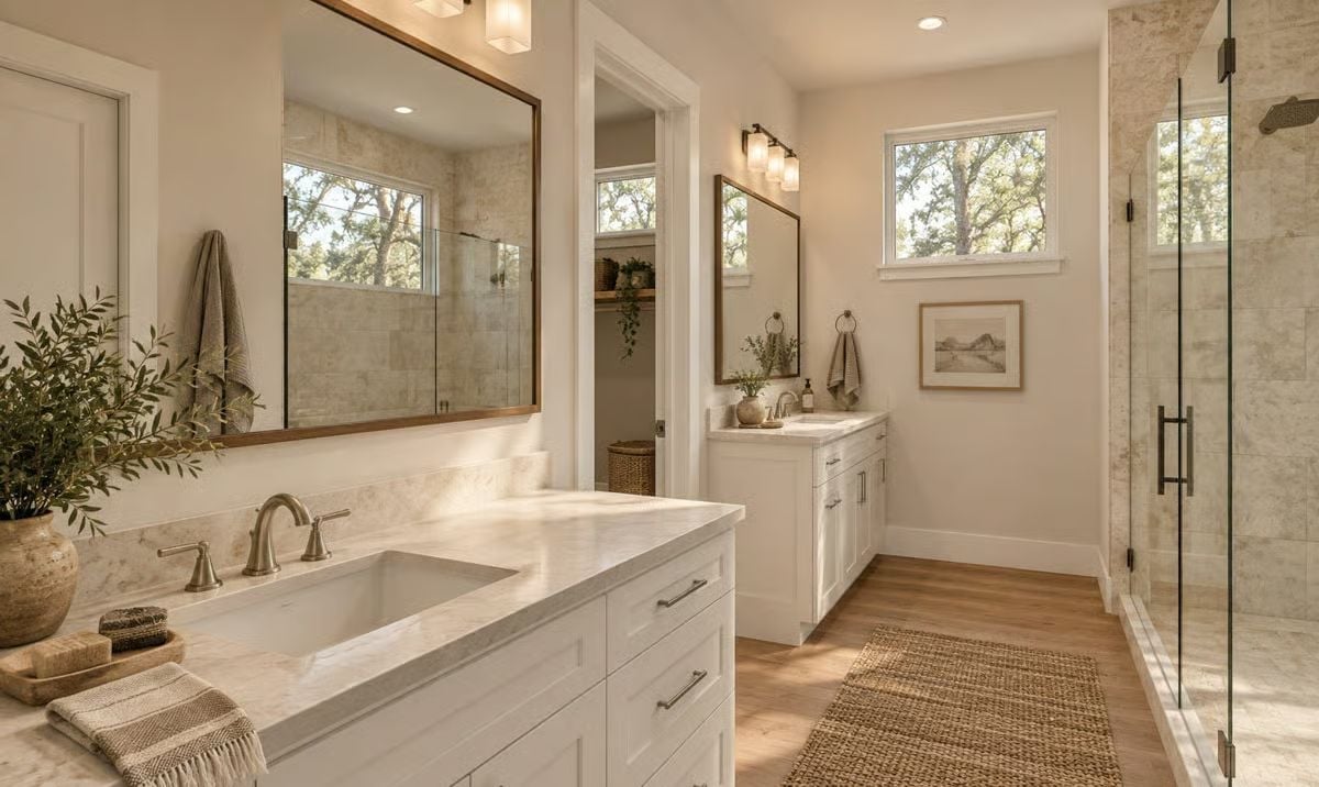Marble, Brushed Nickel, and Two Vanities That Solve the Morning Standoff