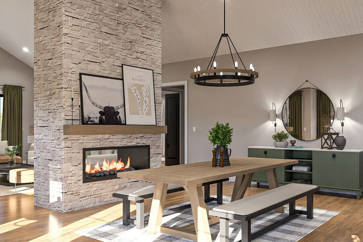 Stone Chimney, Bench Seating, and a Fireplace You Can See From Both Rooms