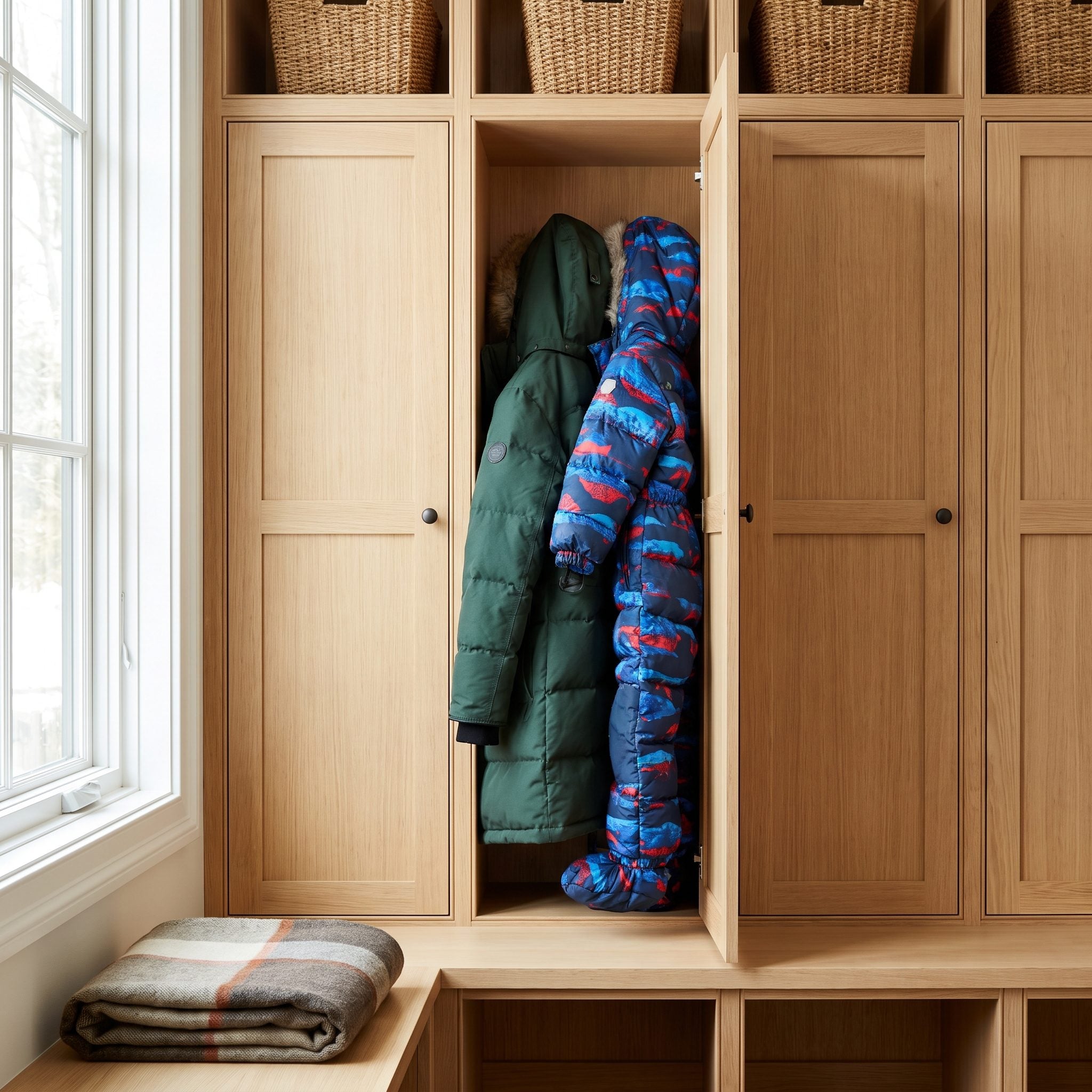 Family mudroom with narrow standard lockers holding everyday coats while a winter parka, beach tote, helmet, sports bag, and