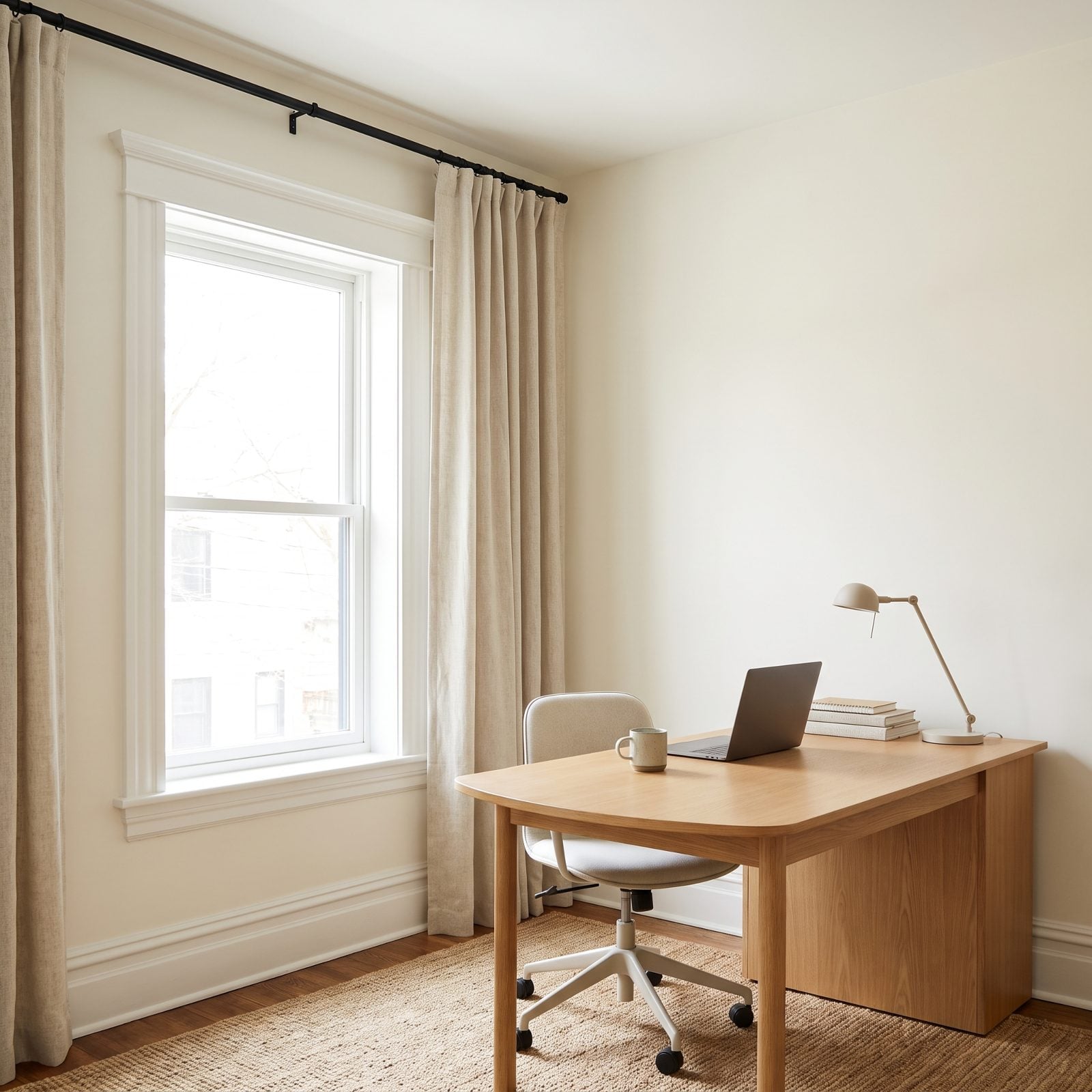Home Office With Curtains Raised Above Awkward Window Trim