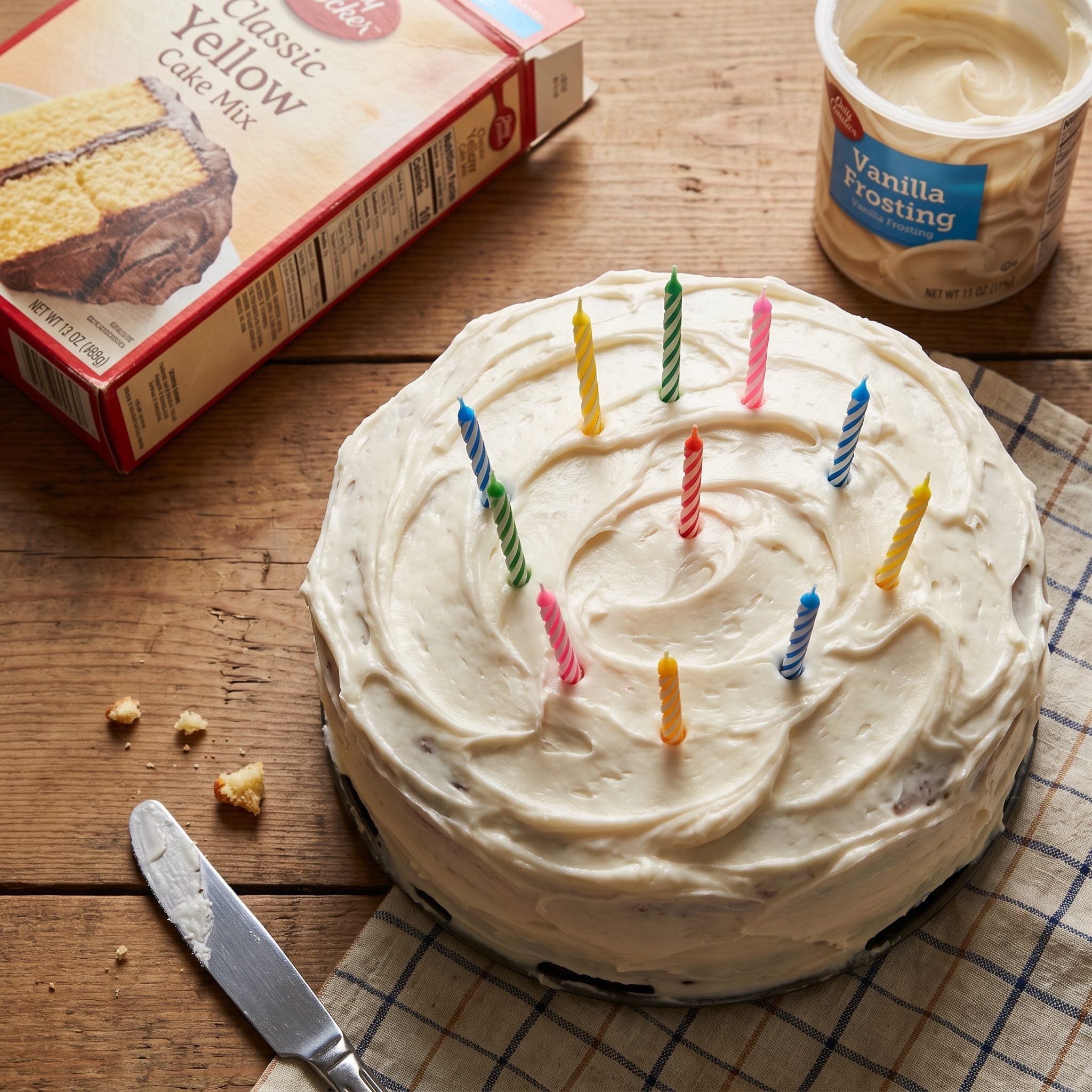 Homemade birthday cake and candles costing $3 to $4