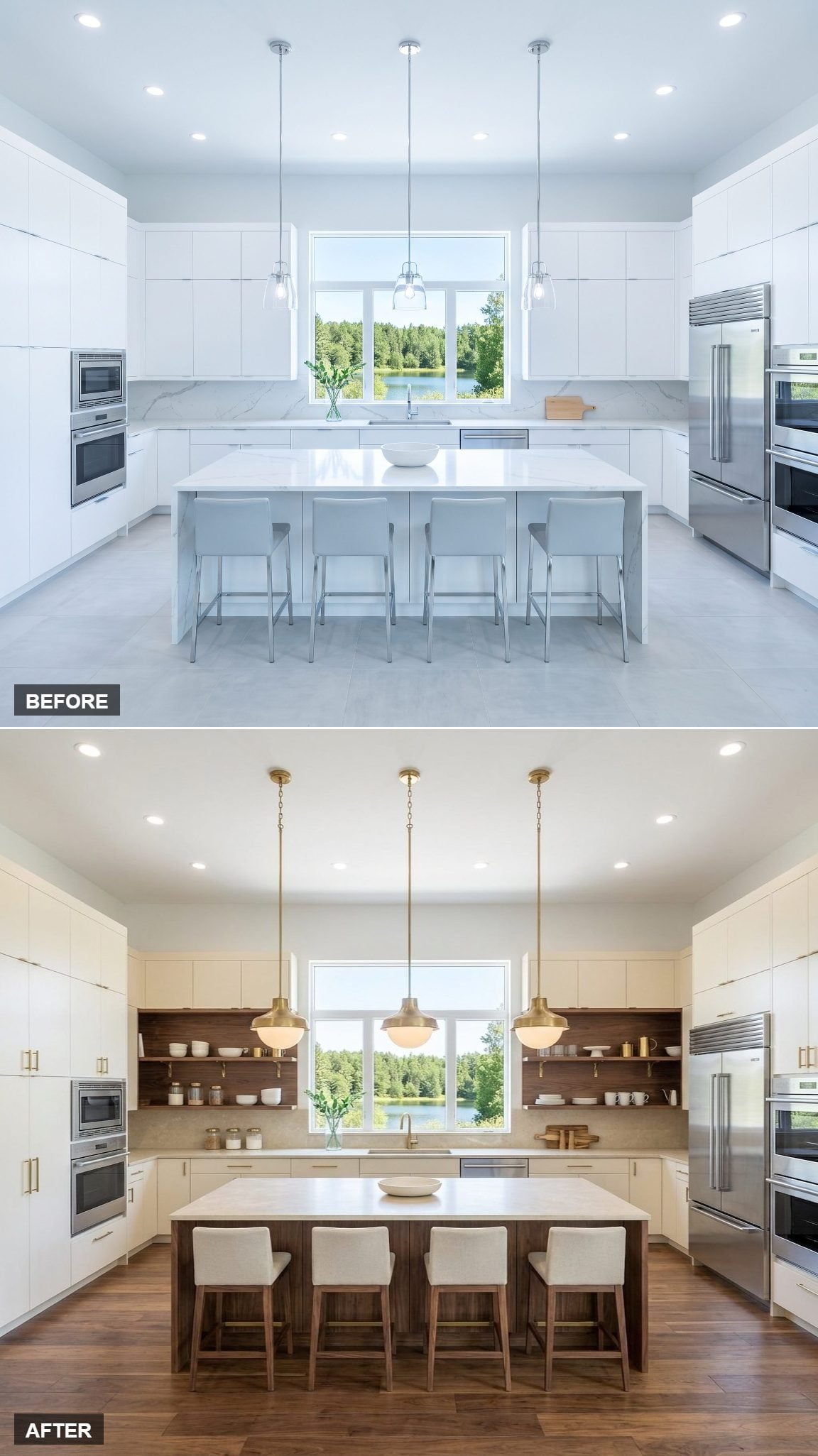 Horizontal Walnut Gallery Band Across Warm Cream Cabinetry