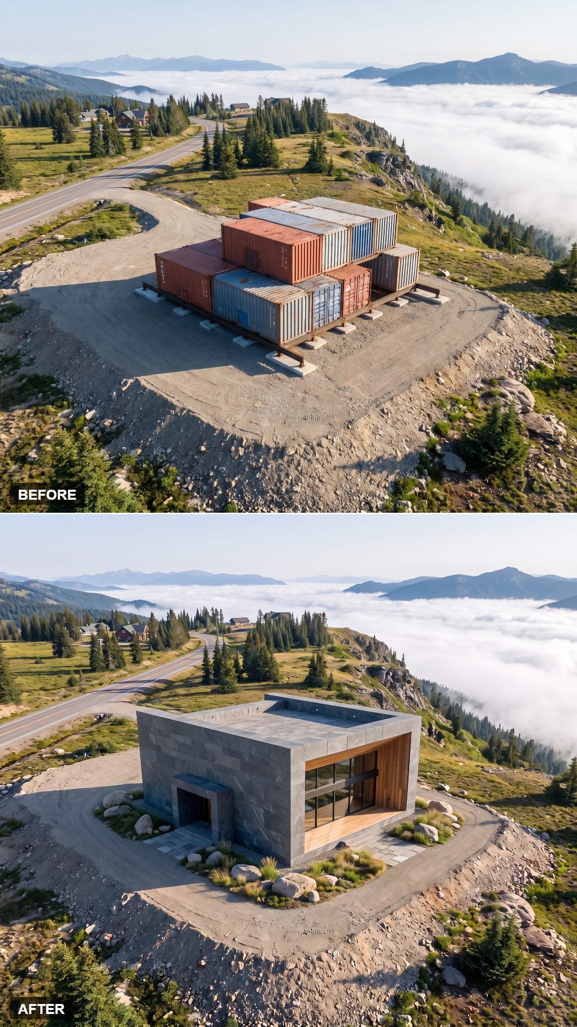 Mountain container house concept integrated with massive stone walls