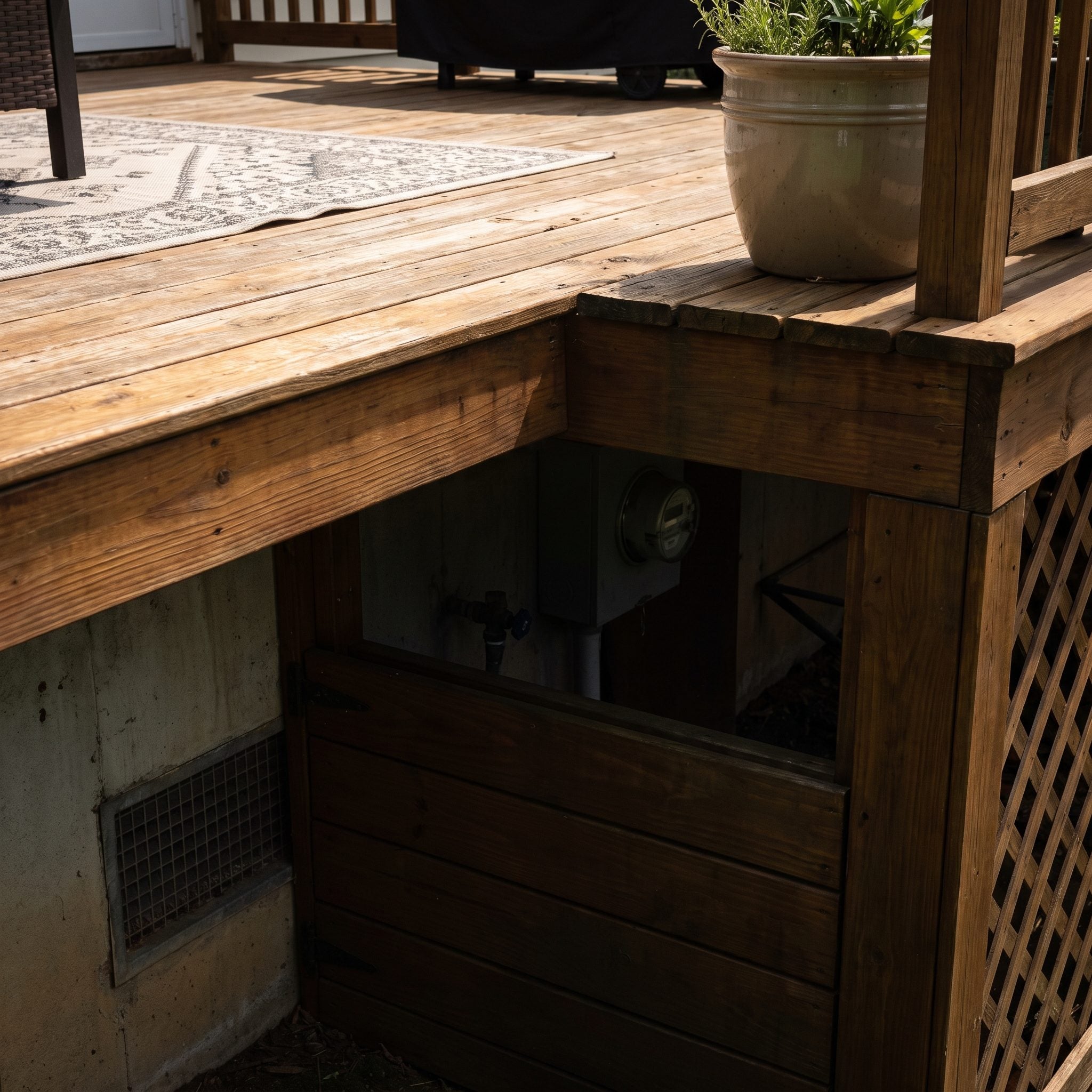 Low wood deck built over a home's foundation, covering a water shutoff, electrical meter, and crawlspace vent with no access
