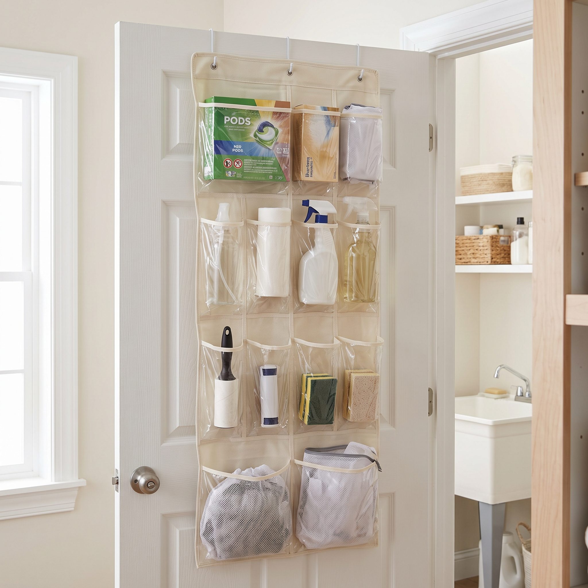 Sage green laundry room with a completely bare back-of-door and an ironing board leaning in the corner.