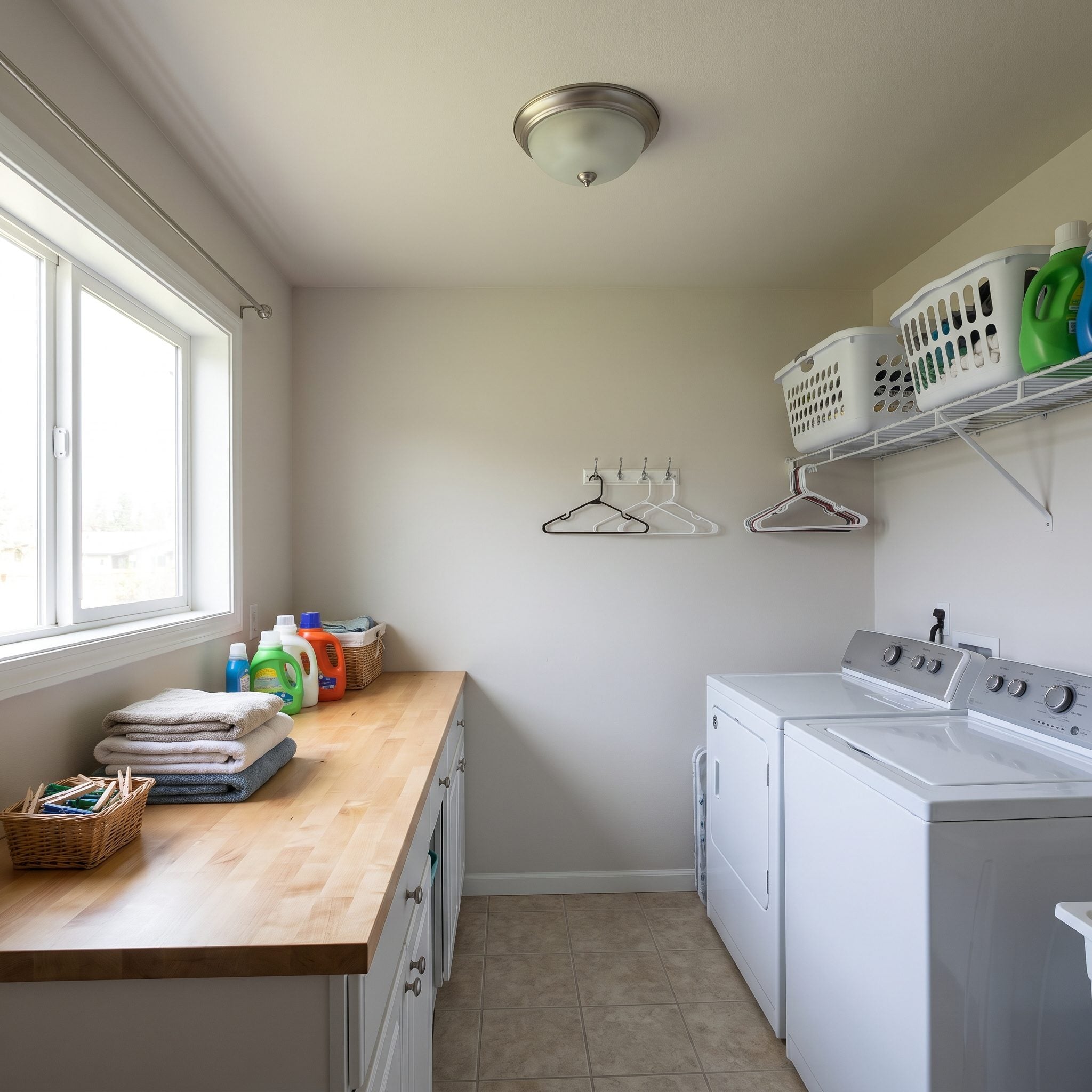 White laundry room lit by one central ceiling fixture, leaving the side folding counter in shadow.