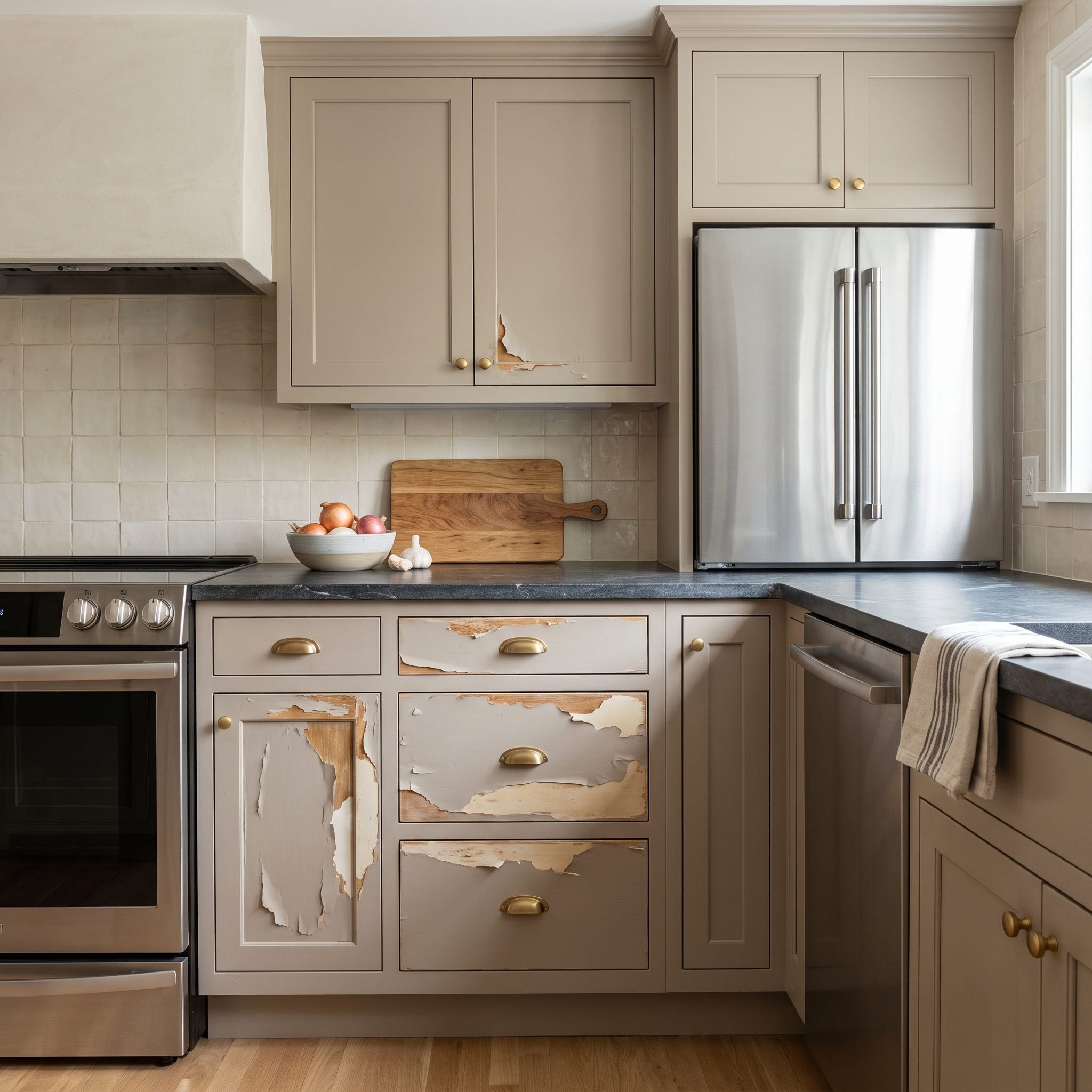 Warm greige cabinets where fresh paint and an old loose finish lift away together in flakes around a lower door and drawer.