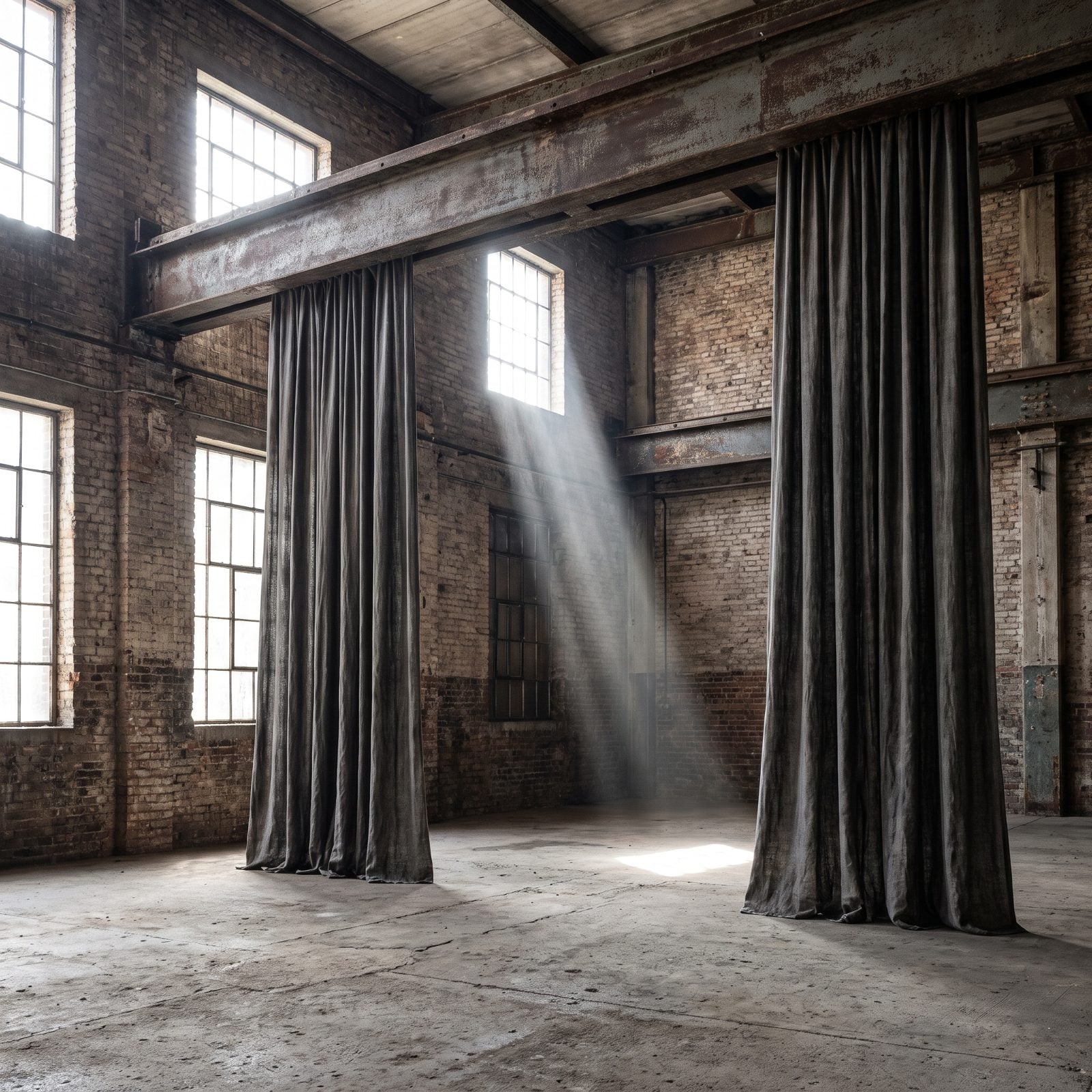 Industrial Loft With Drapes Descending From an Exposed Beam