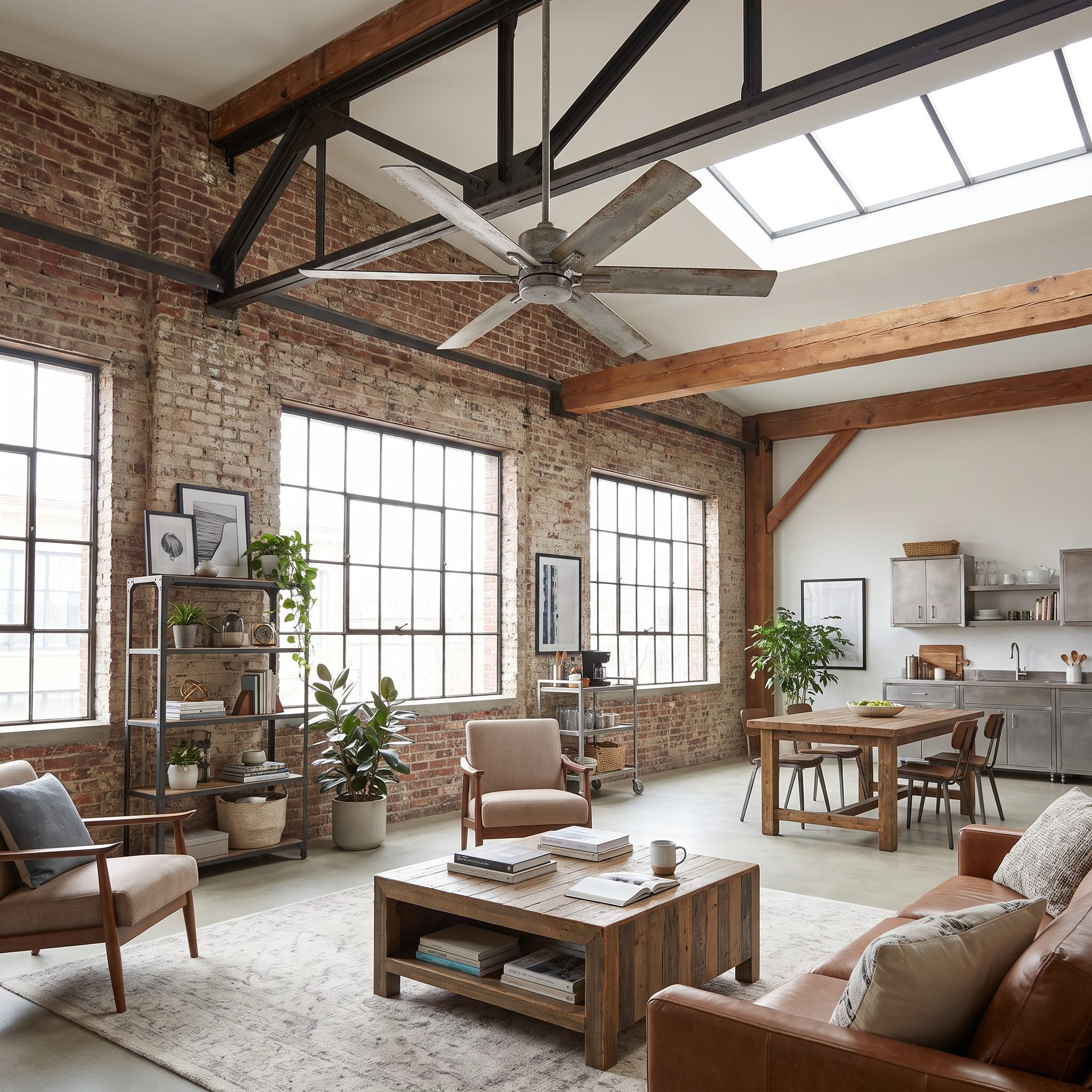 Industrial loft with a 60-inch metal ceiling fan on a four-foot downrod hanging above an eighty-four-inch sofa under exposed