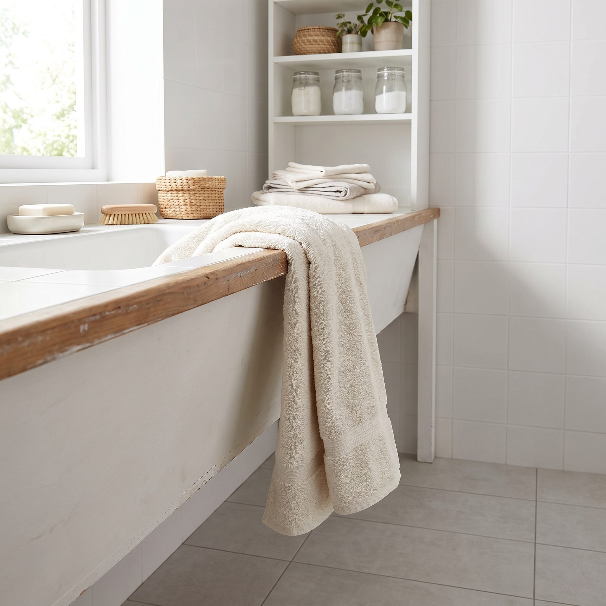 White laundry room with a shallow folding counter where a bath towel hangs off the front edge.