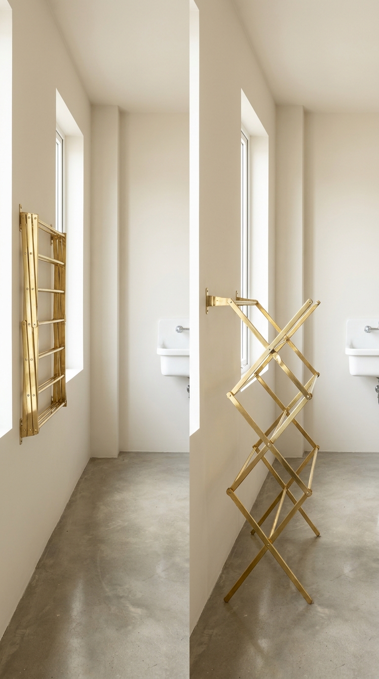 White laundry room with a brass wall-mounted drying rack folded down to four inches above the counter, blocking the