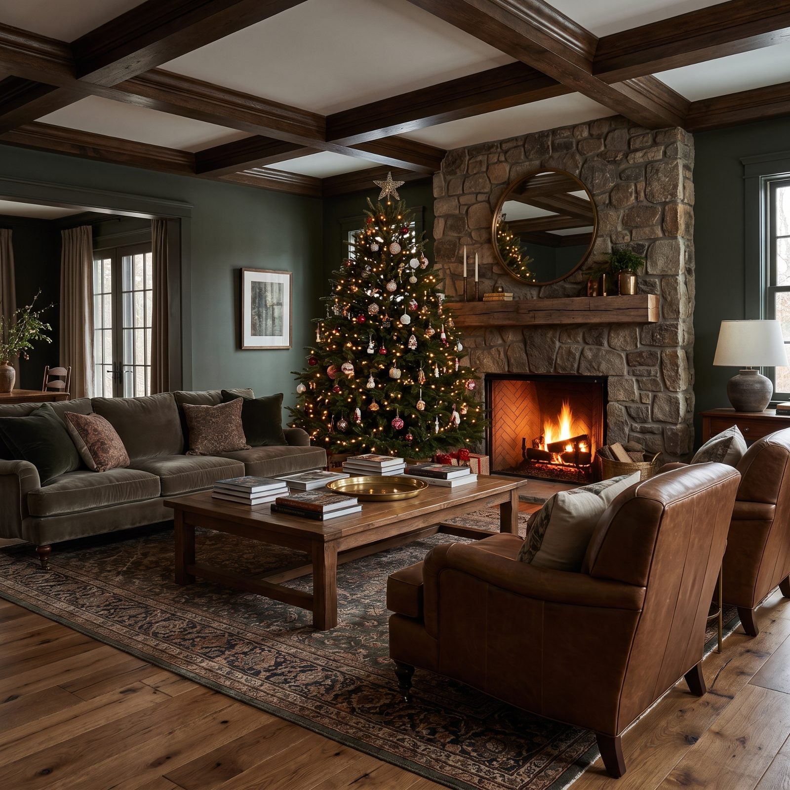 Small living room where a Christmas tree stands directly in front of the fireplace, half covering the mantel and hearth.