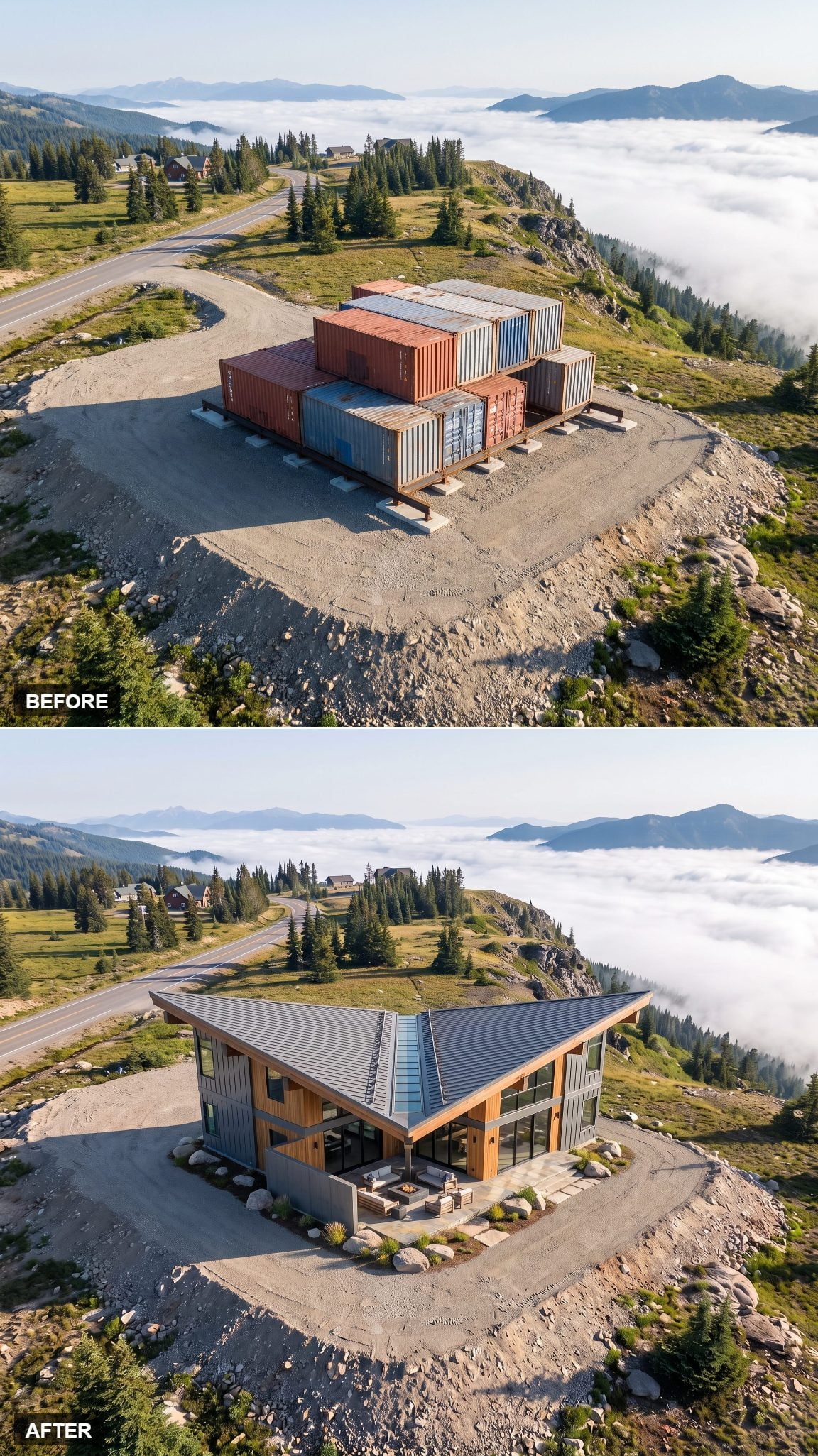 Container mountain house concept with an inverted roof creating a central upper terrace