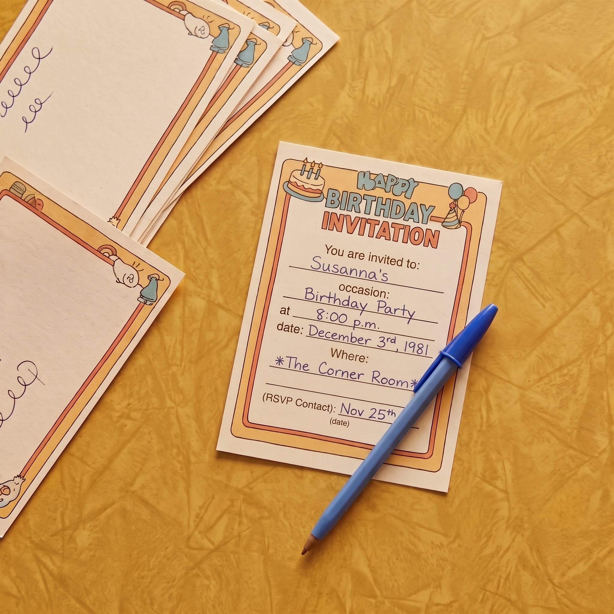 Paper birthday invitations filled out by hand for $1 to $2